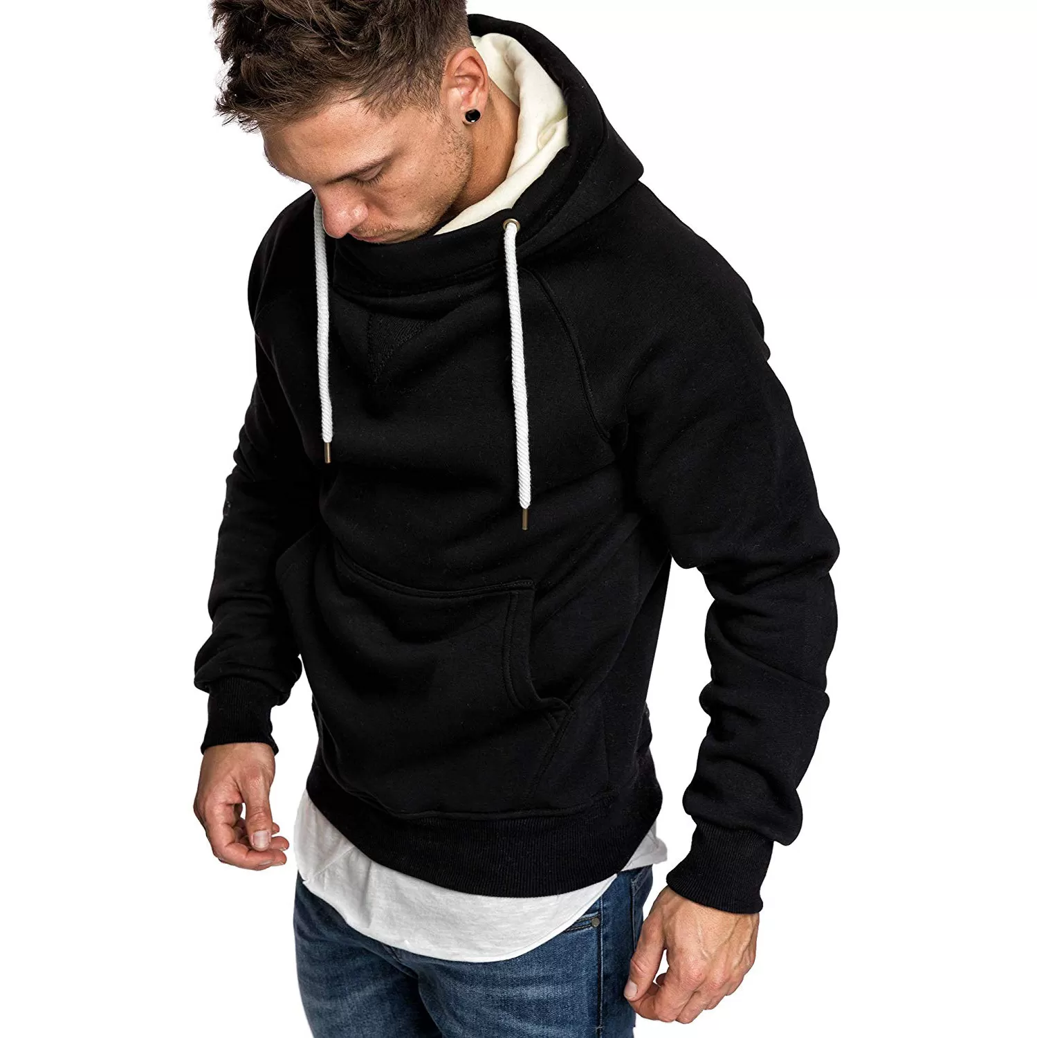 DRAWSTRING SHAWL COLLAR POCKET HOODIE