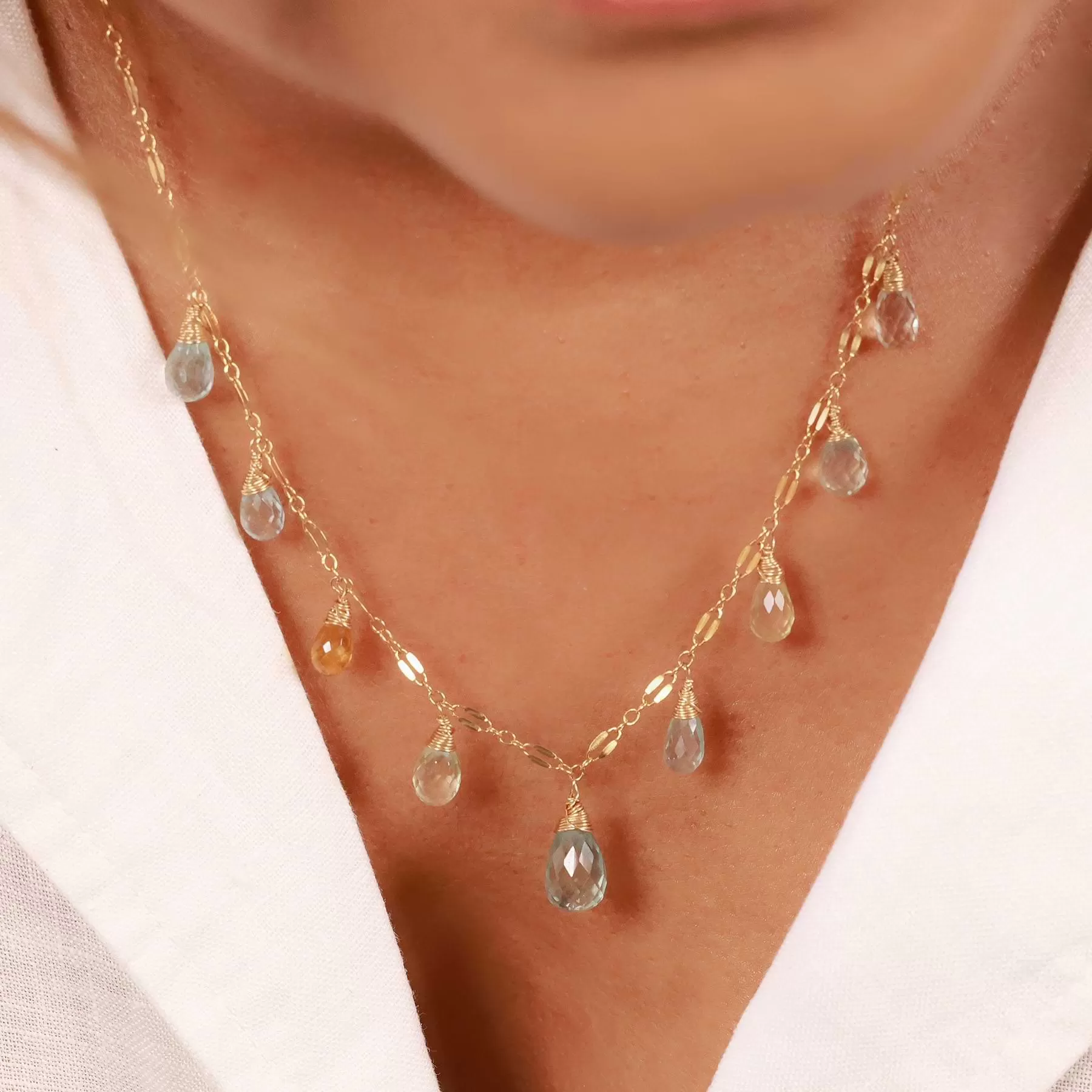 Drip Drop - Faceted Aquamarine and Beryl Gold Necklace