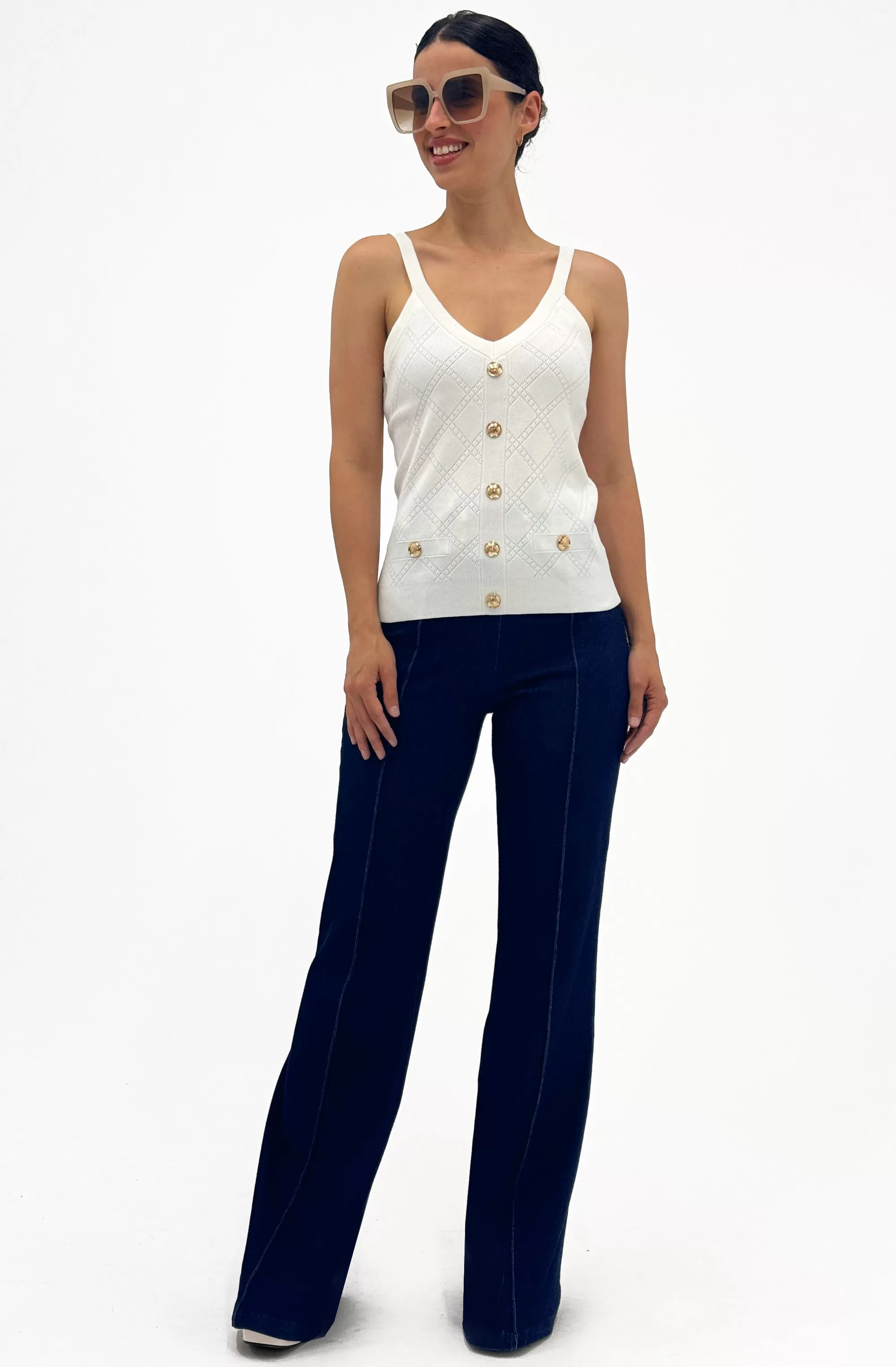 Embossed Knit Top with Gold Buttons