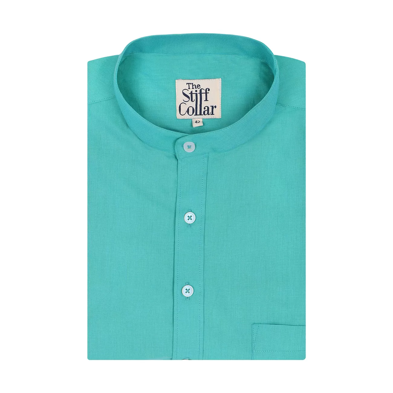 Emerald Green Chambray Mandarin Collar Giza Cotton Shirt