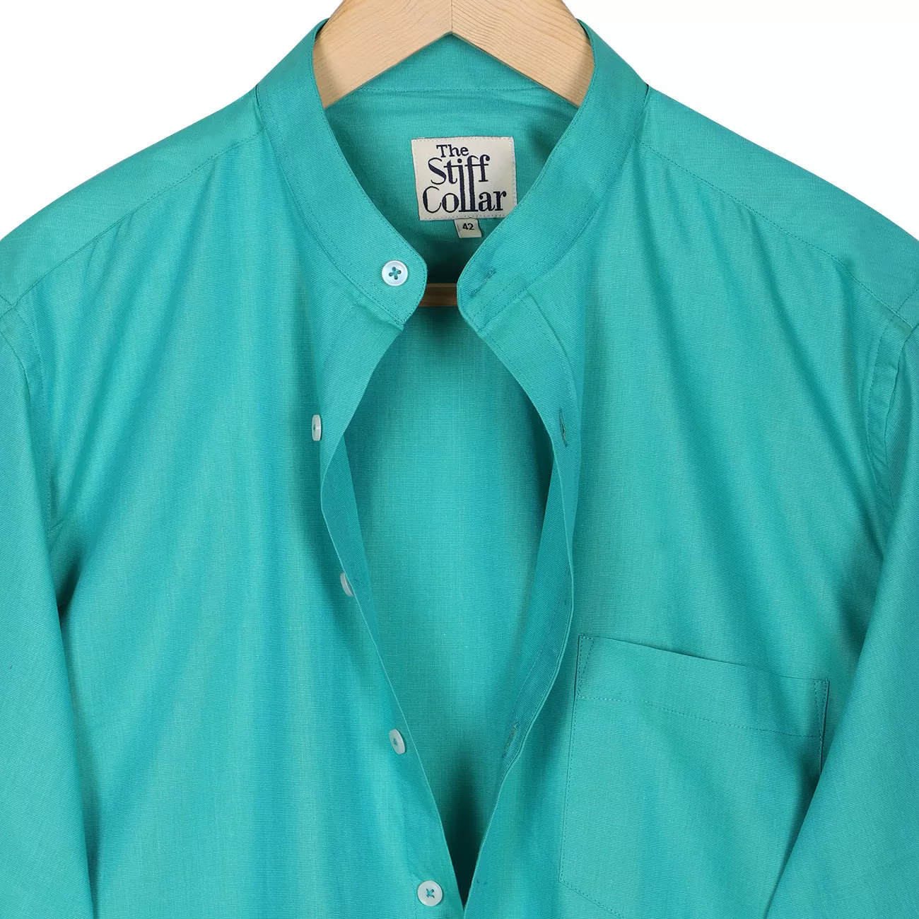 Emerald Green Chambray Mandarin Collar Giza Cotton Shirt