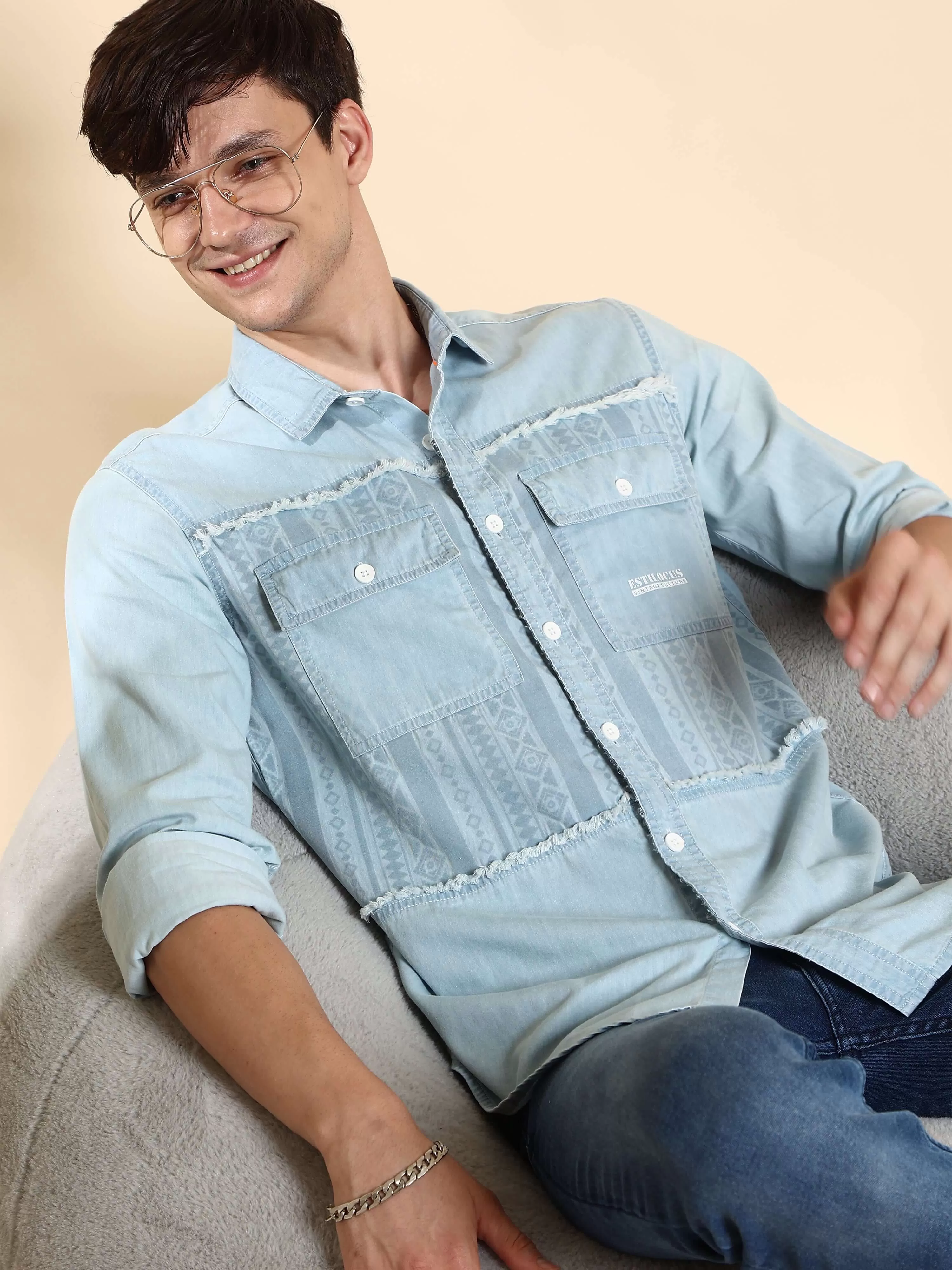 EST-Lt Blue cowboy Denim Double Pocket Shirt