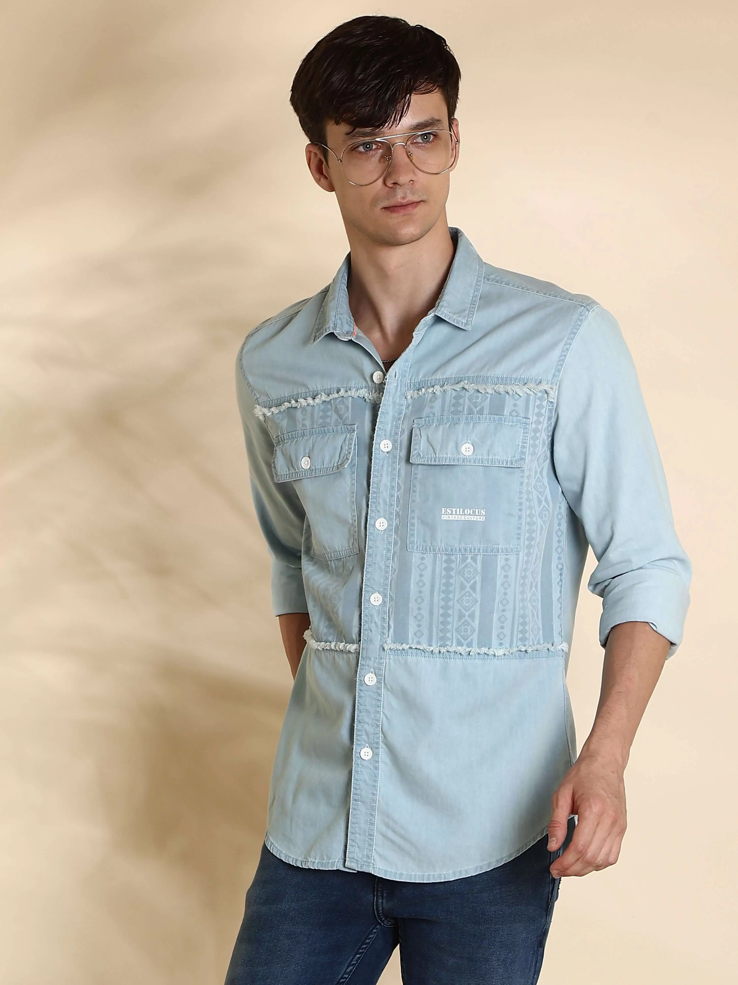 EST-Lt Blue cowboy Denim Double Pocket Shirt