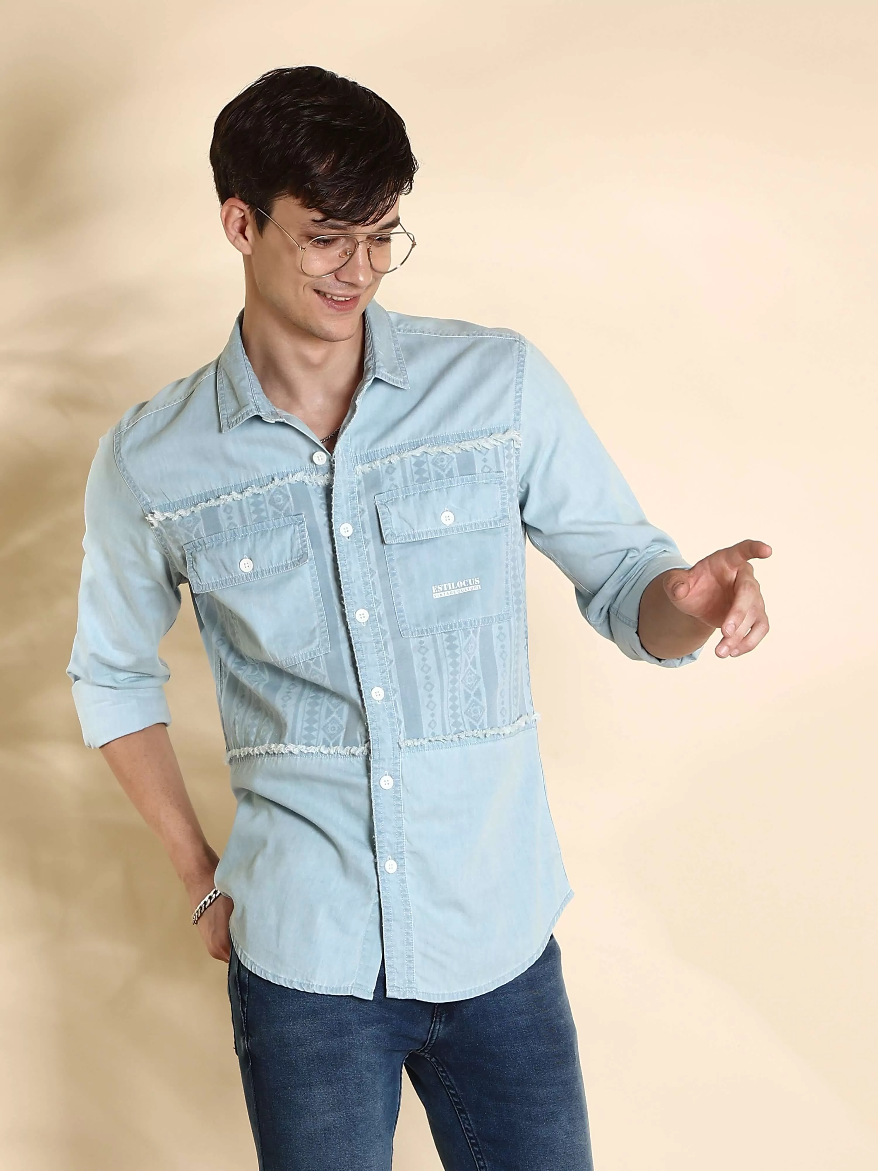 EST-Lt Blue cowboy Denim Double Pocket Shirt