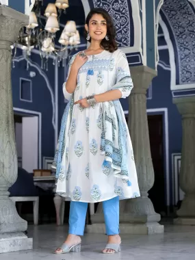 Ethnic Motifs Printed Thread Work Pure Cotton Kurta With Trousers & Dupatta