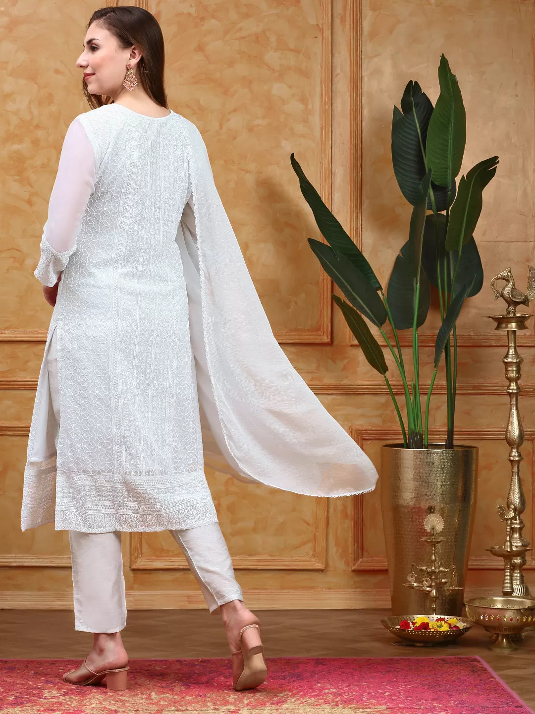 Ethnic Motifs Straight Chikankari Sequin Embellished Kurta with Trousers & Dupatta