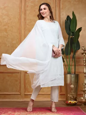 Ethnic Motifs Straight Chikankari Sequin Embellished Kurta with Trousers & Dupatta