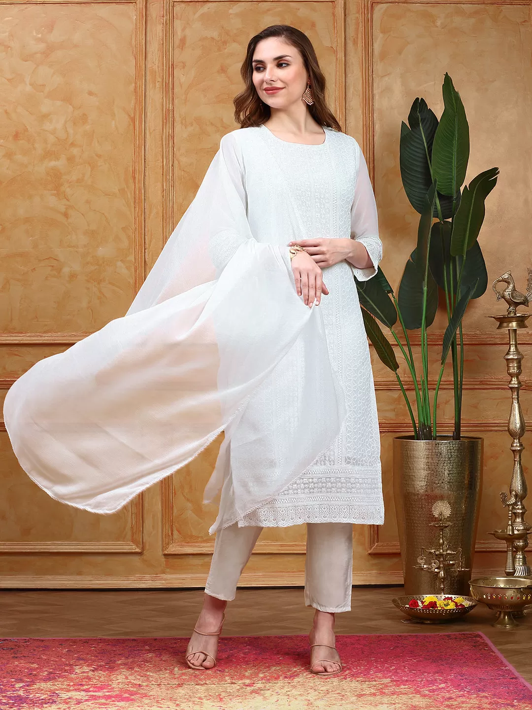 Ethnic Motifs Straight Chikankari Sequin Embellished Kurta with Trousers & Dupatta