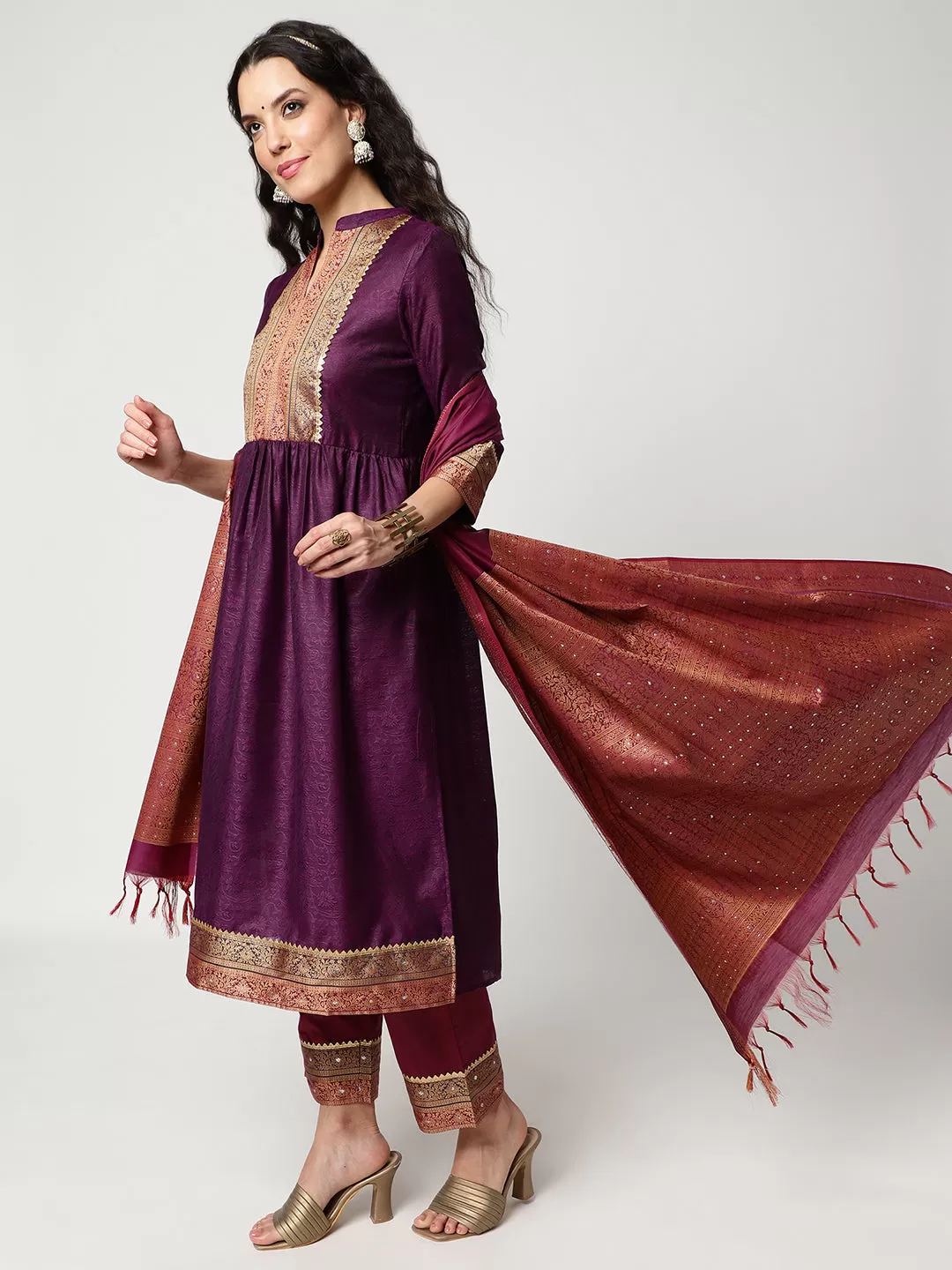 Festive Gathered Waistline Kurta With Straight Pant And Matching Dupatta Set