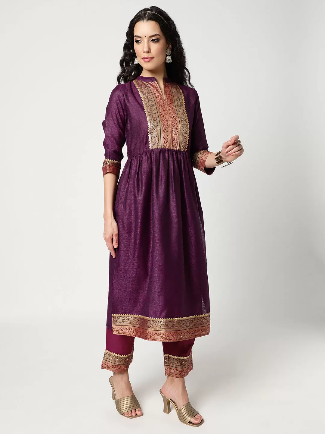 Festive Gathered Waistline Kurta With Straight Pant And Matching Dupatta Set