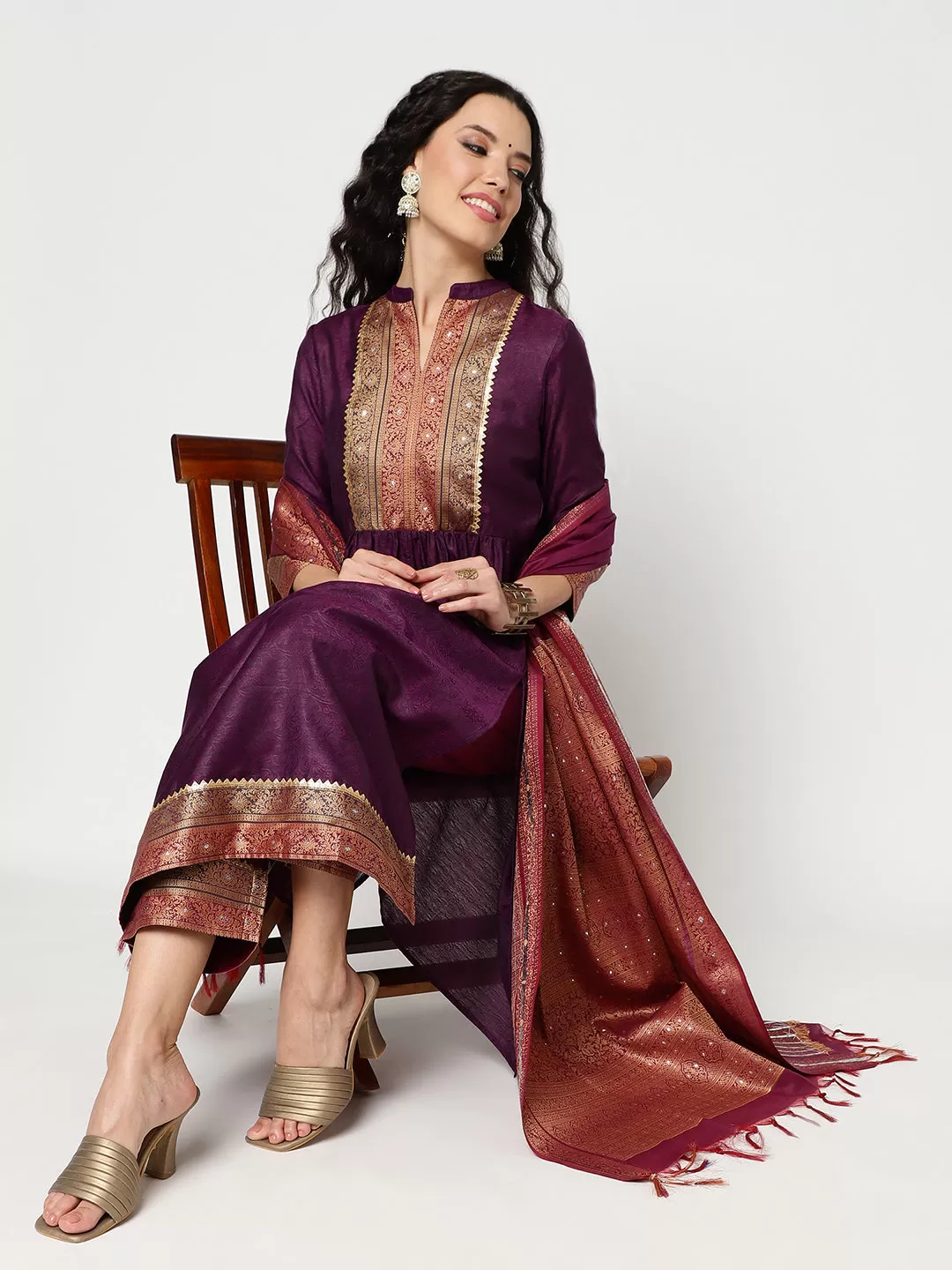 Festive Gathered Waistline Kurta With Straight Pant And Matching Dupatta Set