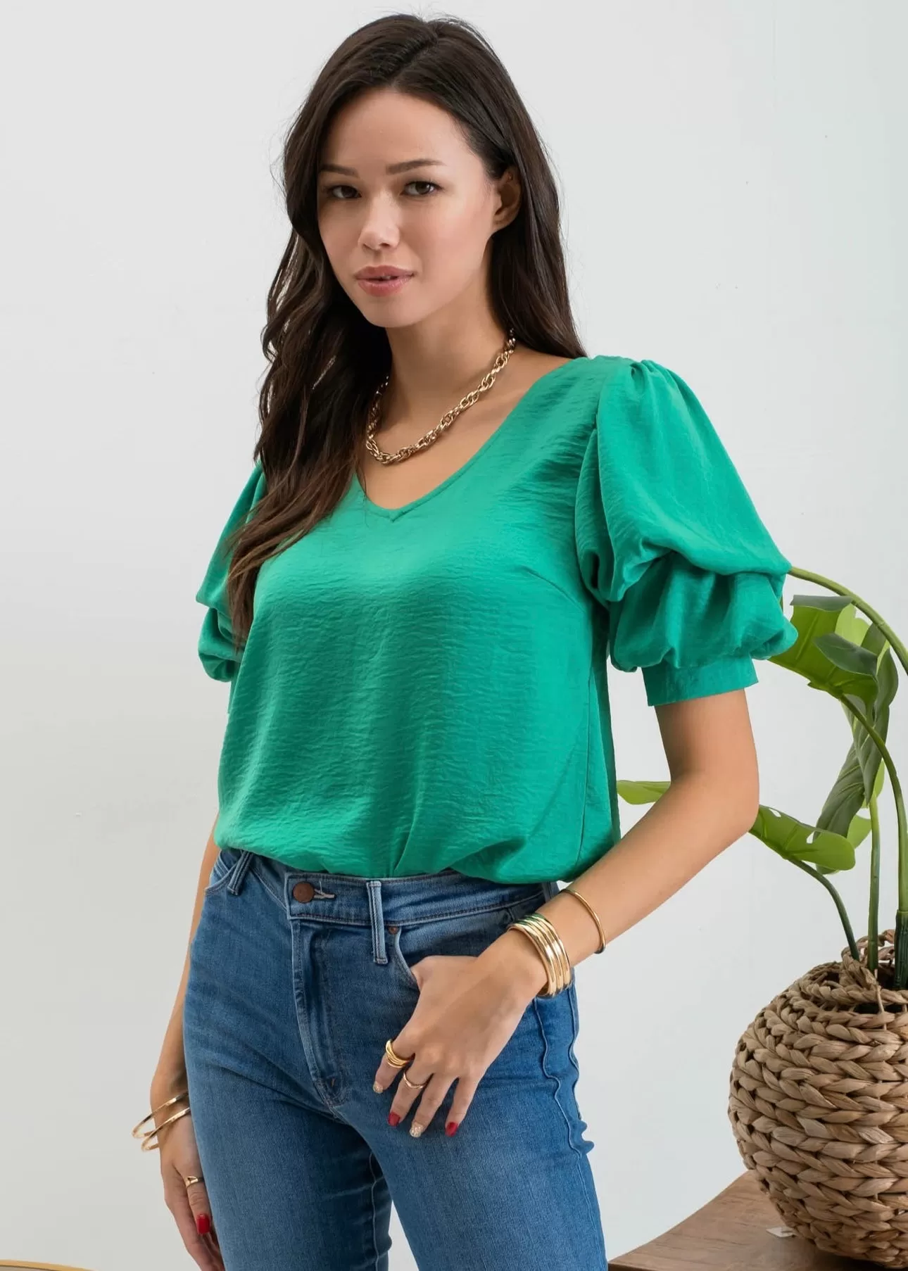 FINAL SALE - Kelly Green Layered Puff Sleeve Top