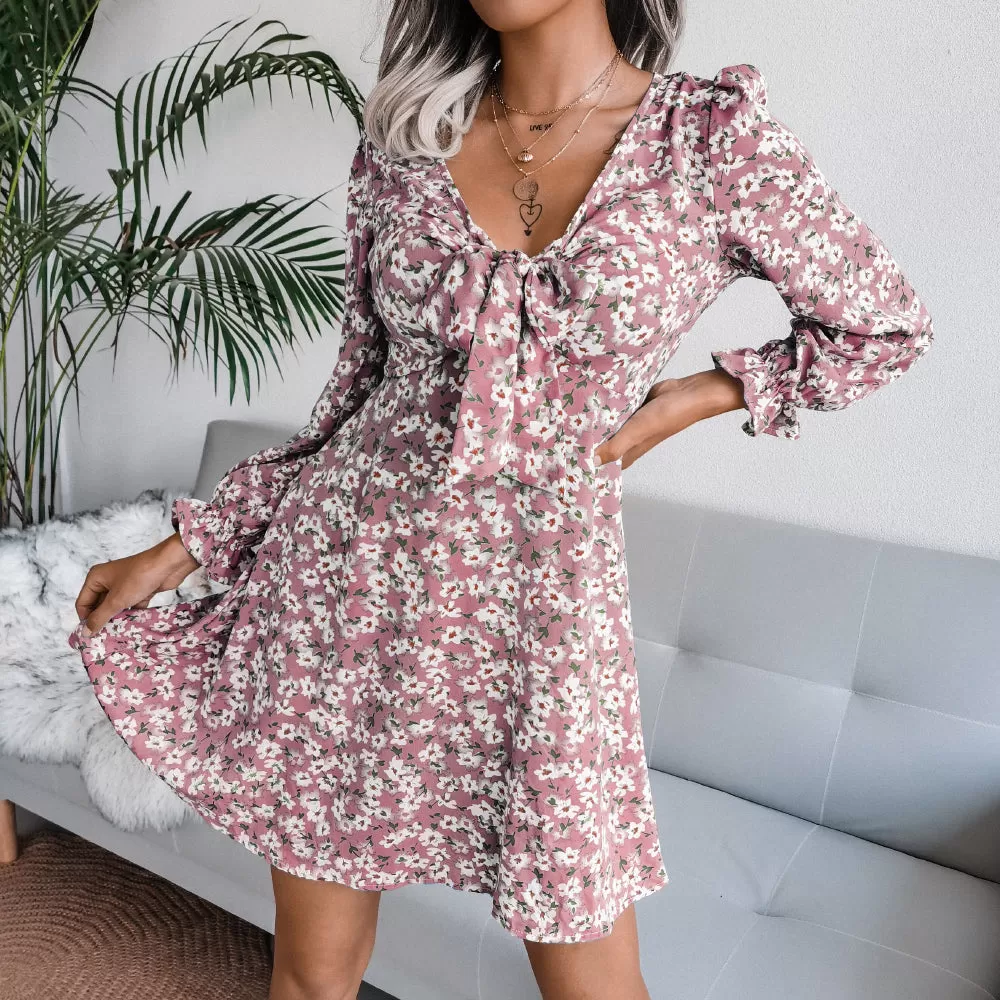 Floral Bow Detail Flared Sleeve Mini Dress