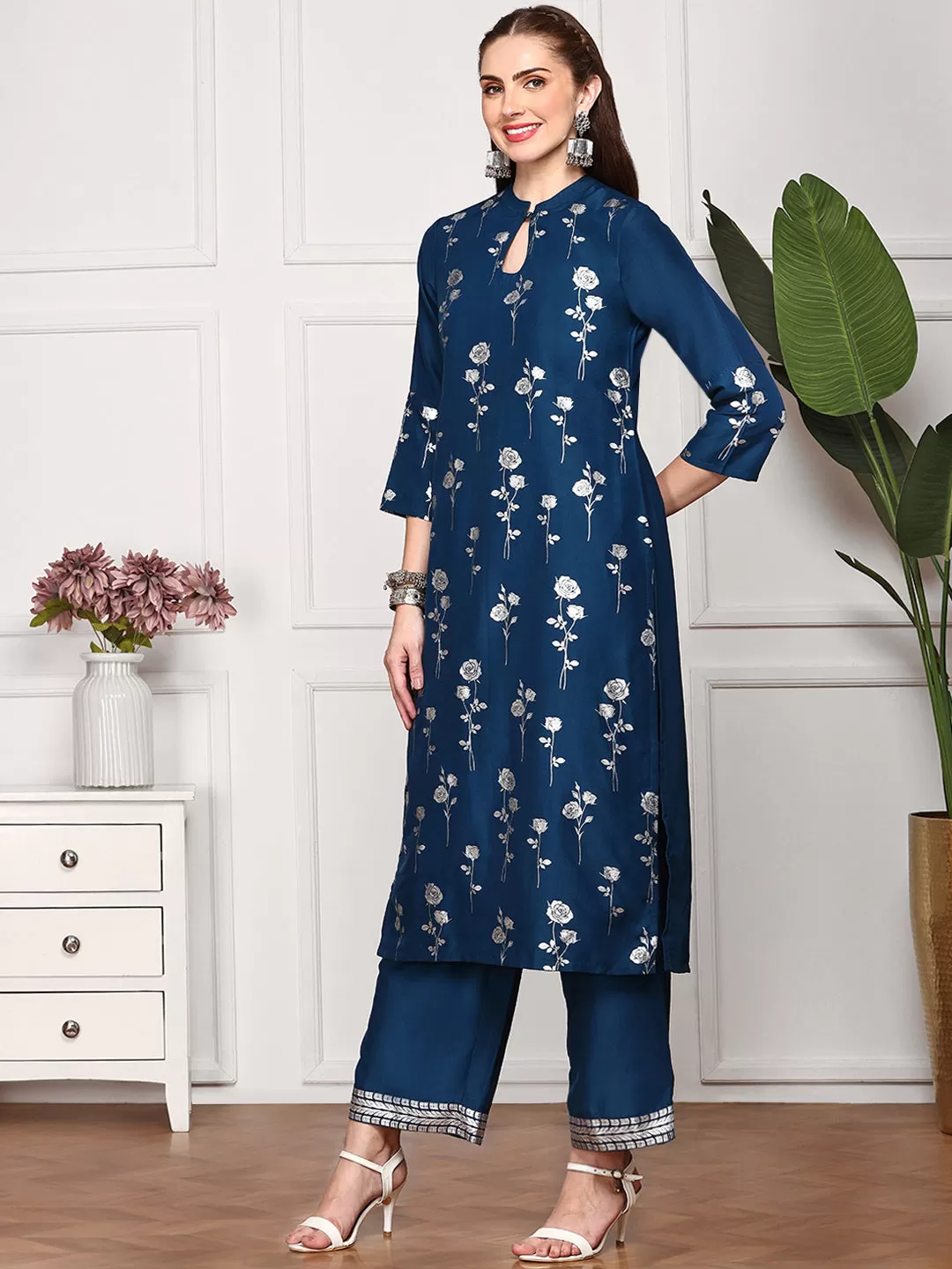 Floral Printed Keyhole Neck Straight Kurta With Palazzos & Dupatta