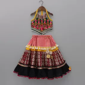 Floral Thread Embroidered Halter Neck Top And Multicolour Lehenga