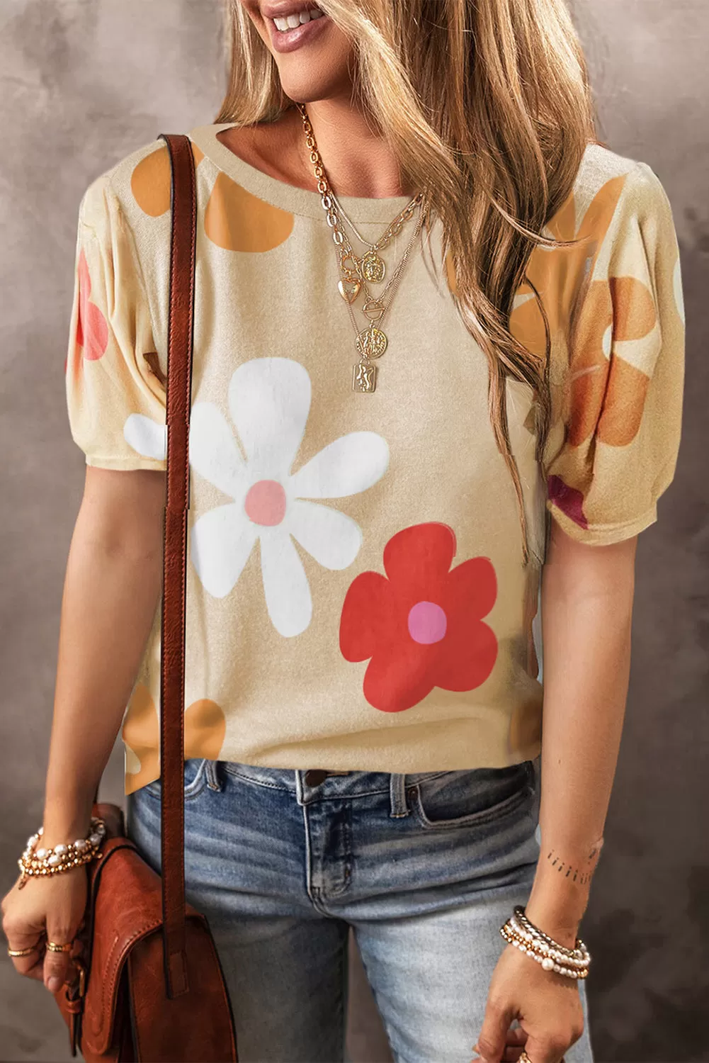 Flower Round Neck Short Sleeve Blouse