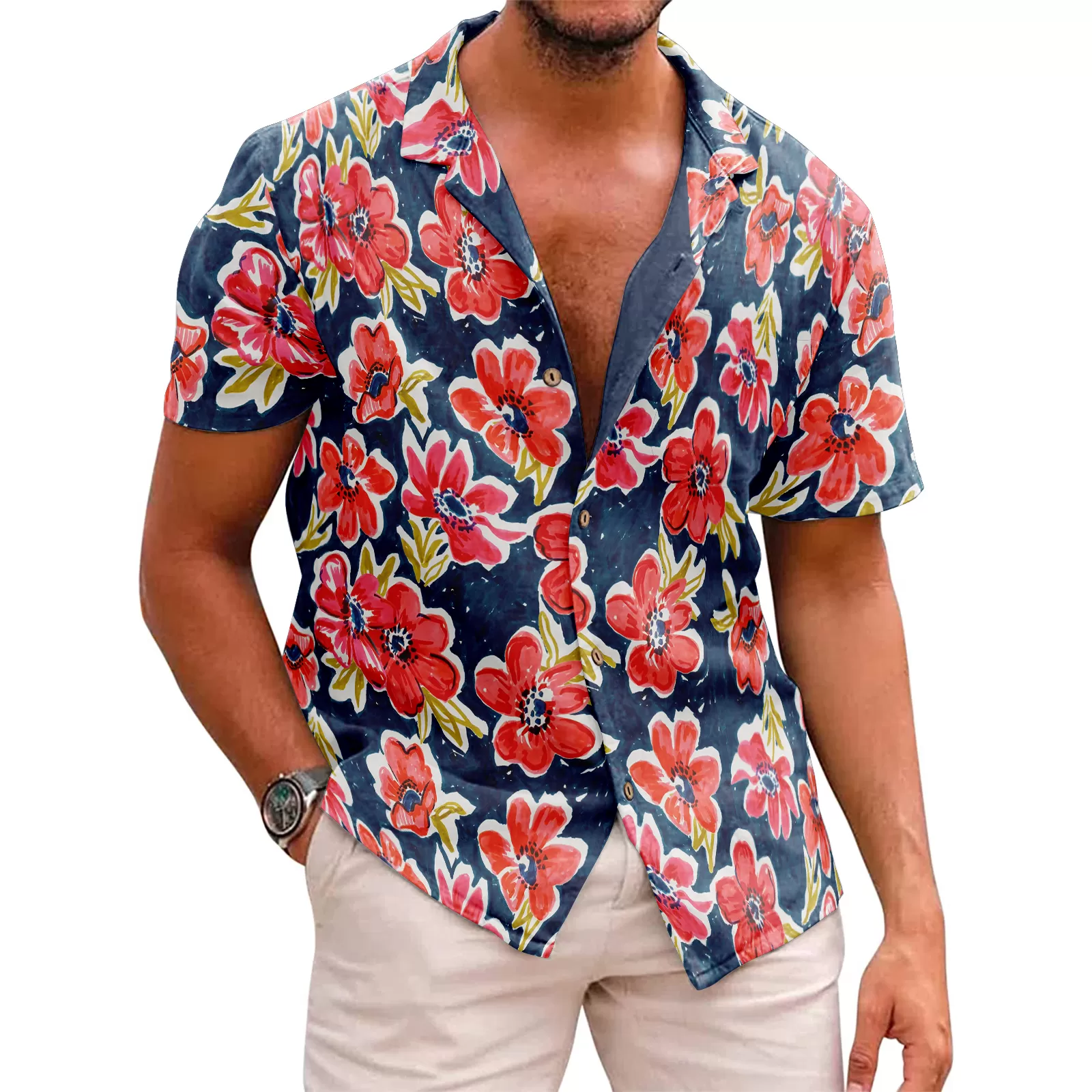 FLOWERS PRINTED ALOHA SHIRT