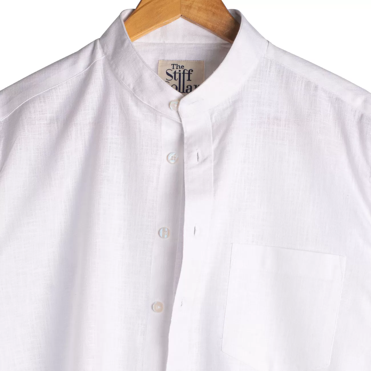 Frost White Cotton Linen Mandarin Collar Shirt