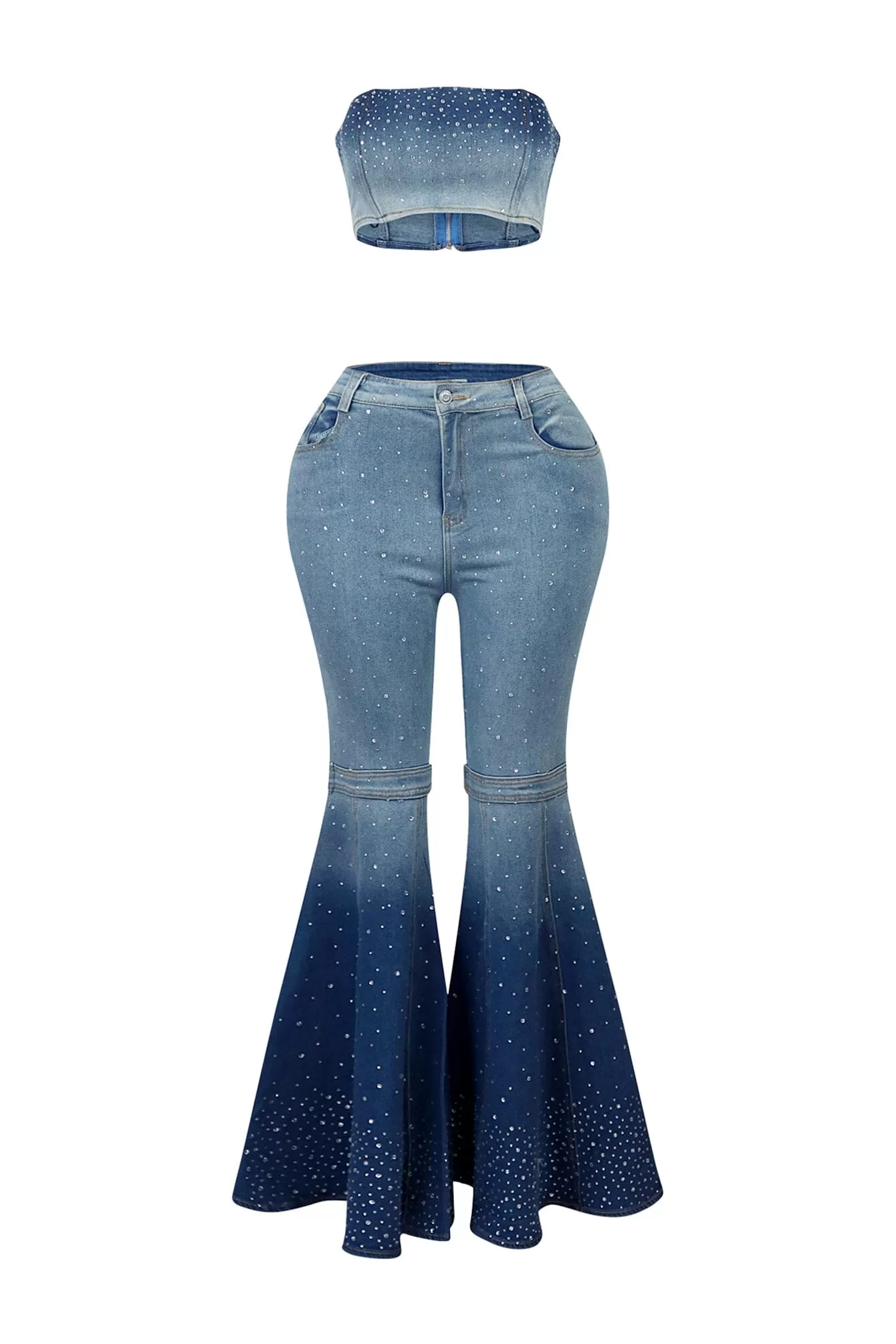 Full Of Stars Rhinestone Denim Tube Top & Pants SET