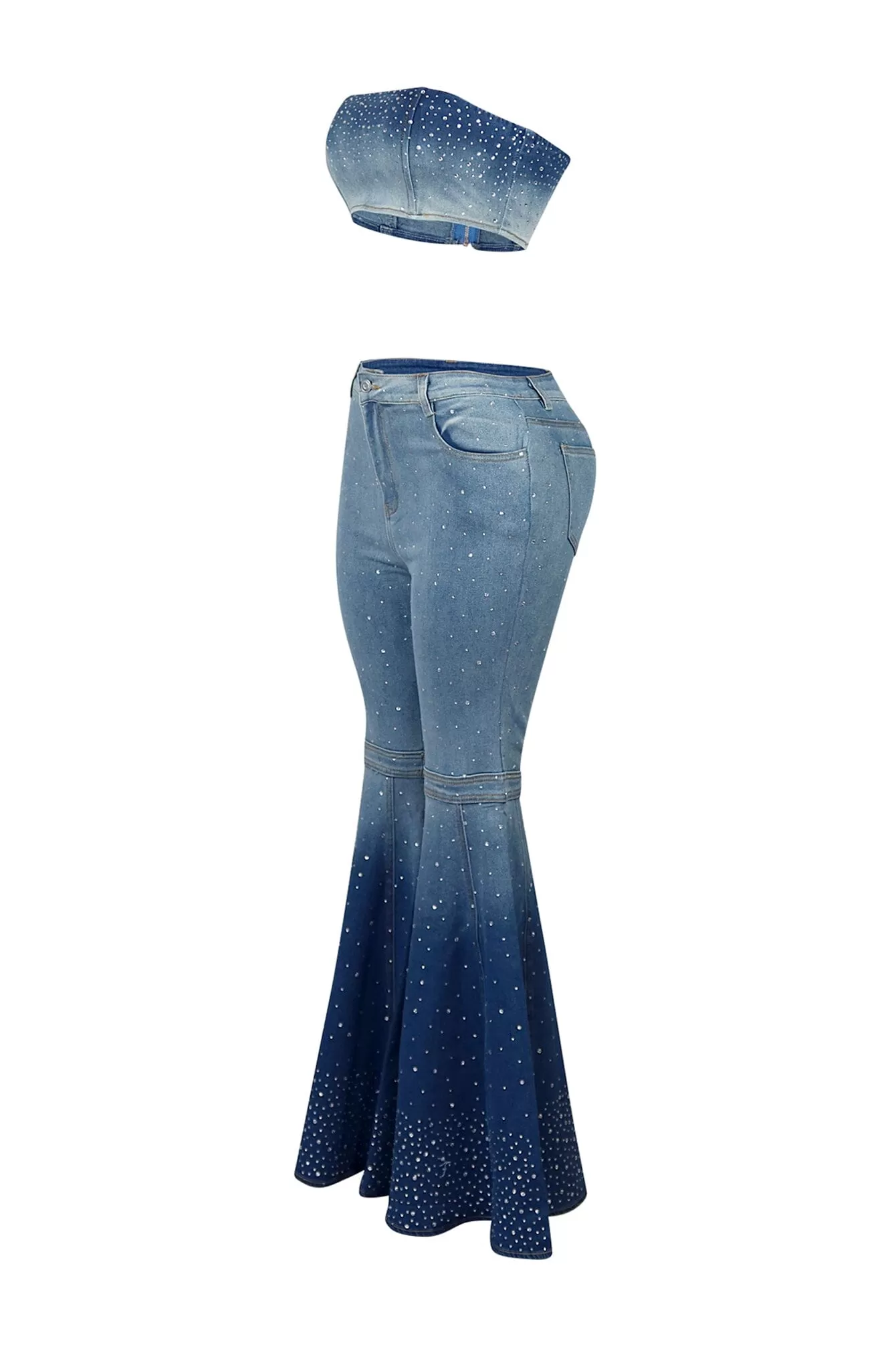 Full Of Stars Rhinestone Denim Tube Top & Pants SET