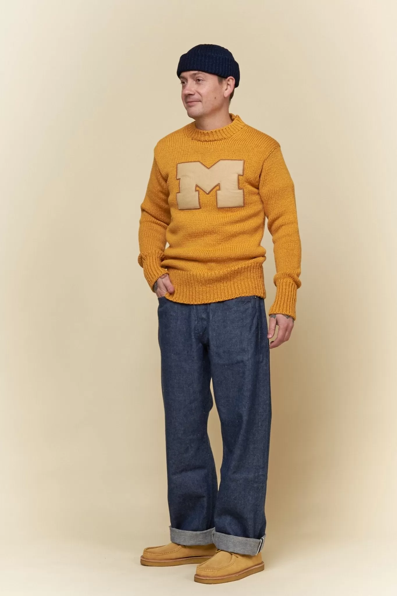 Fullcount Husk Wool Letterman School Sweater - Mustard