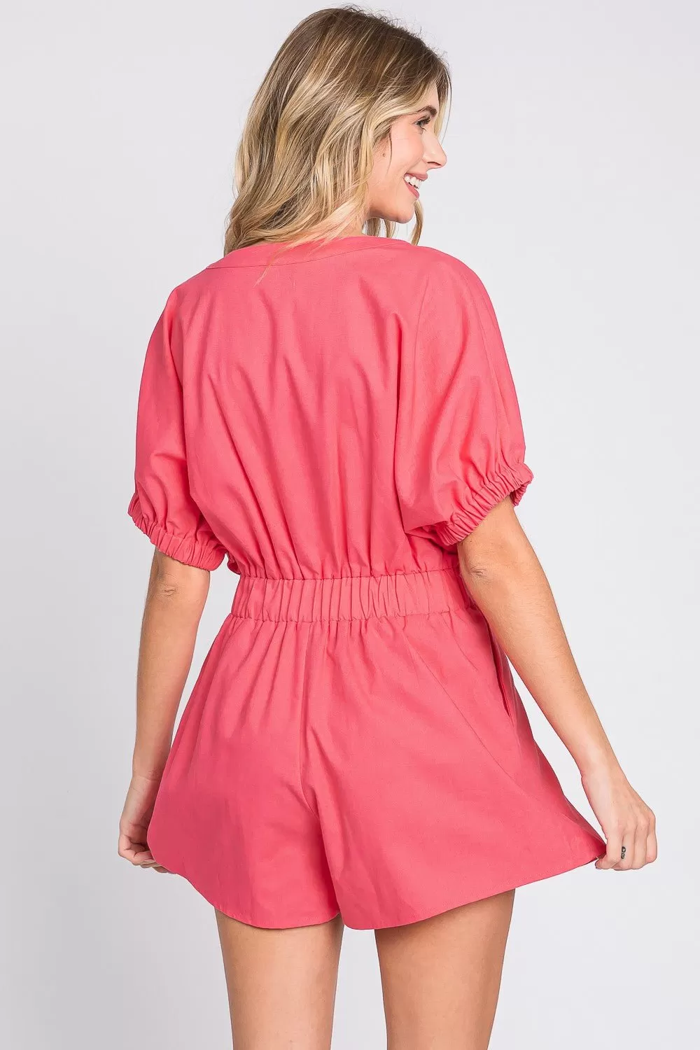 GeeGee:  Half Button V-Neck Linen Romper