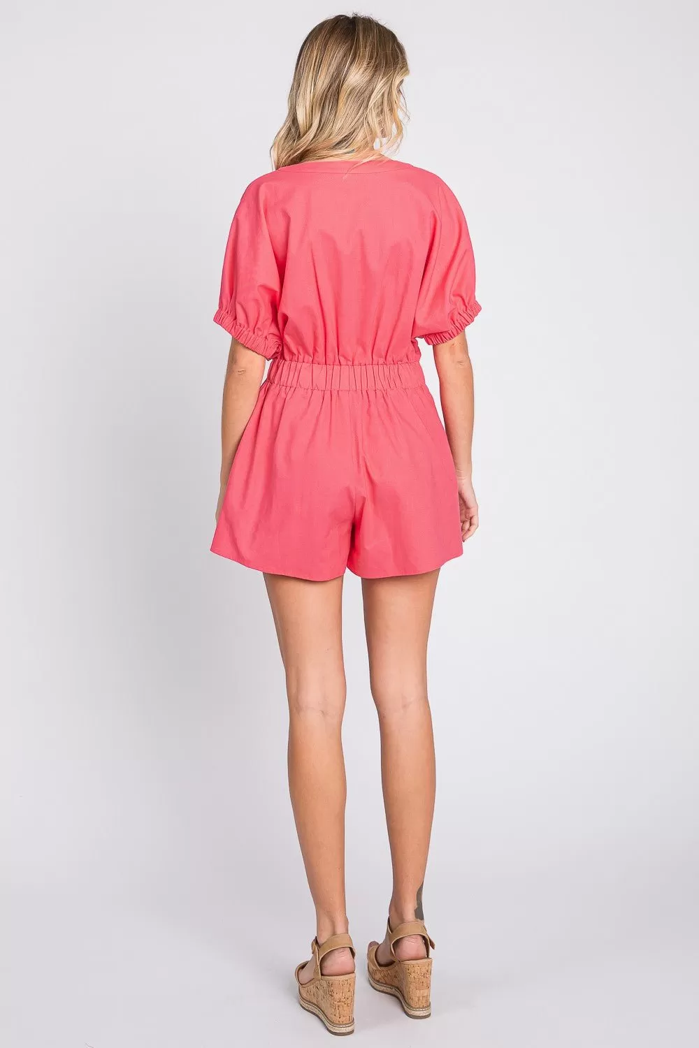 GeeGee:  Half Button V-Neck Linen Romper