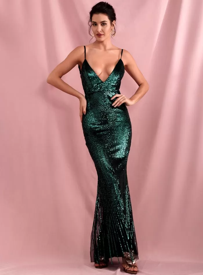 Geometric Sequins Slim Fit Open Back Fishtail Maxi Dress