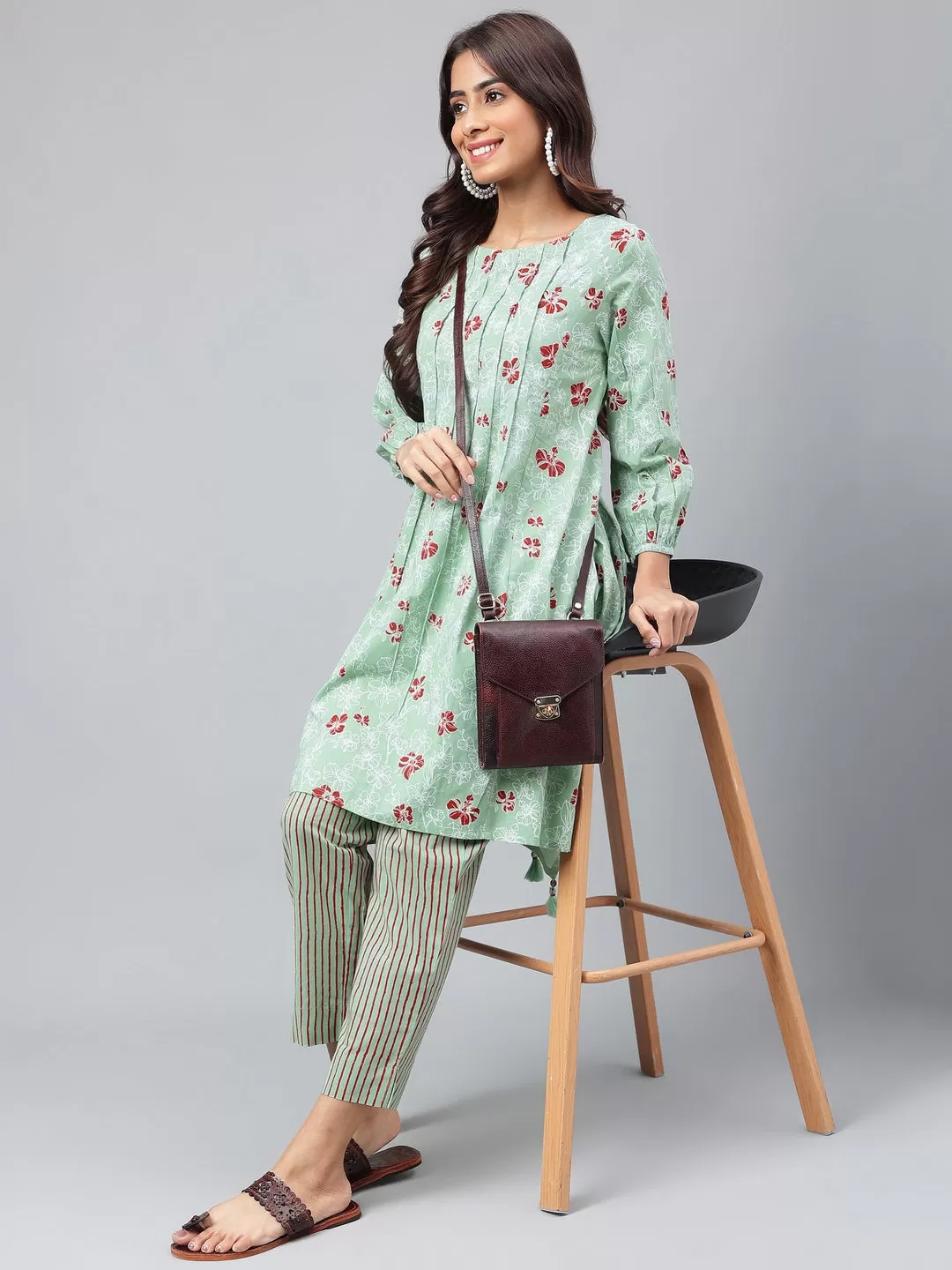 Green Cotton Floral Printed Kurta with Pant