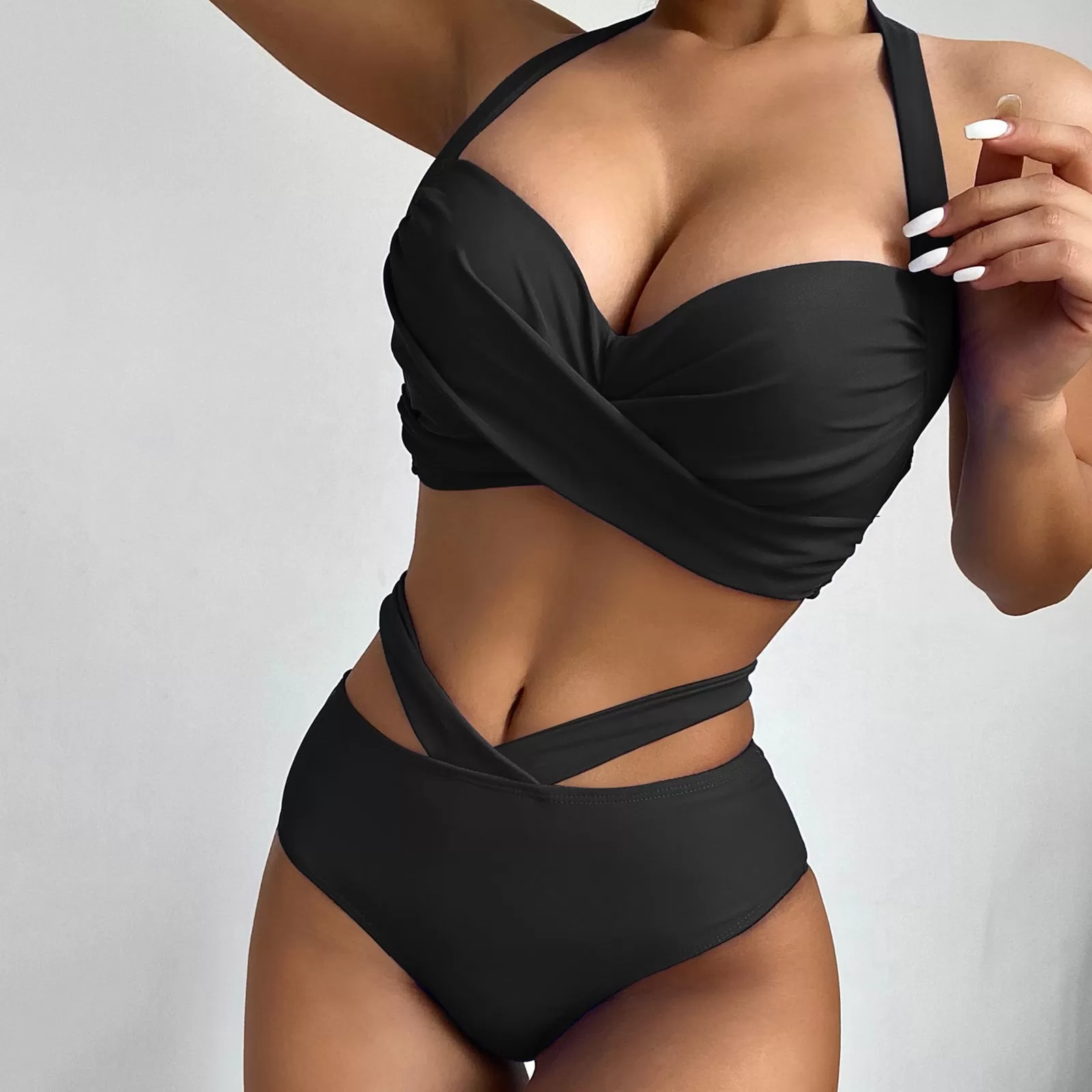 Haute Edition Women's Ruched Bikini Top with Cutout High Waist Bottoms