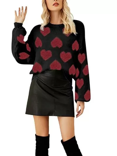 Heart Round Neck Dropped Shoulder Sweater