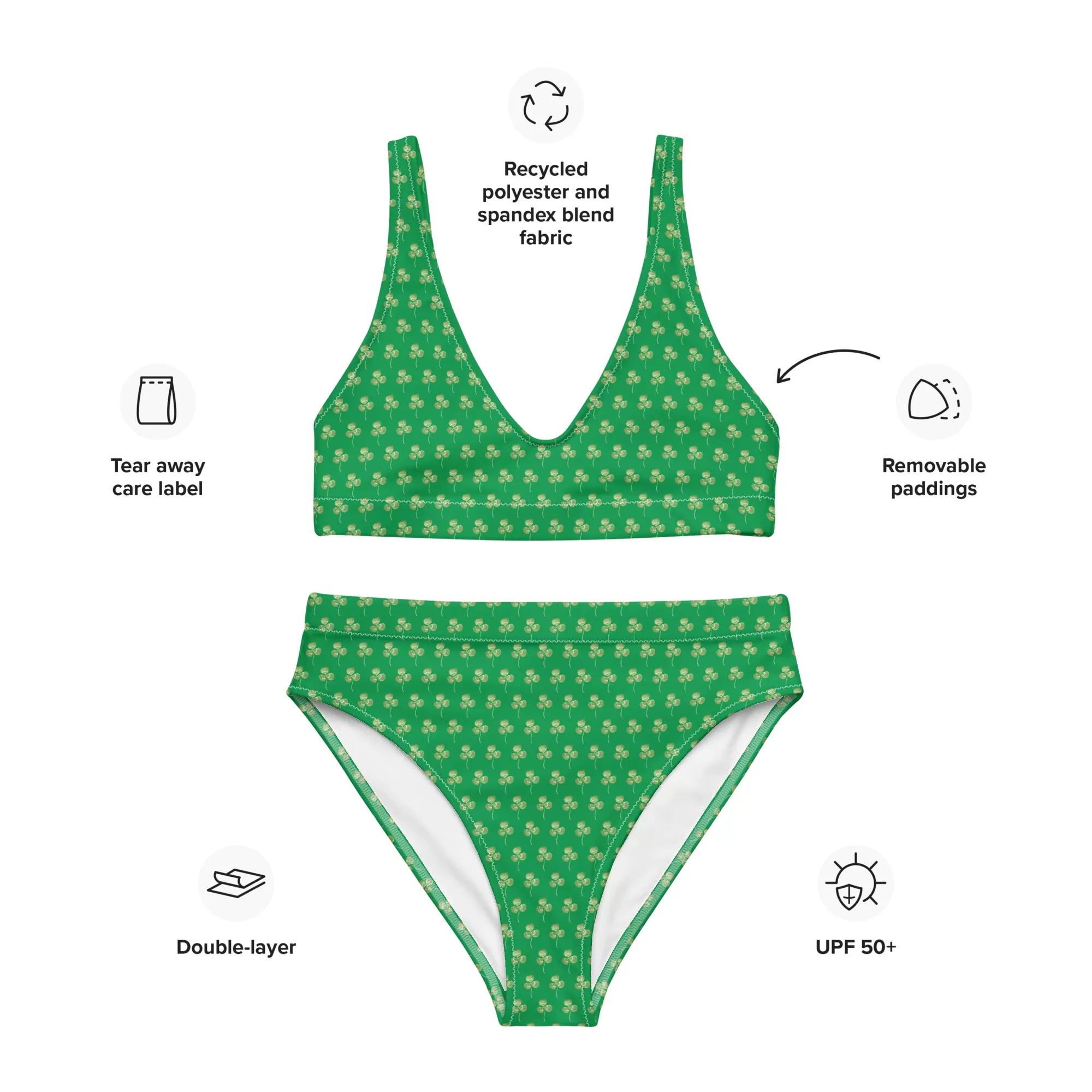 Irish Shamrock Bikini / Irish Symbol Green Bikini Set / Three Leaf Clover Print / Recycled Polyester