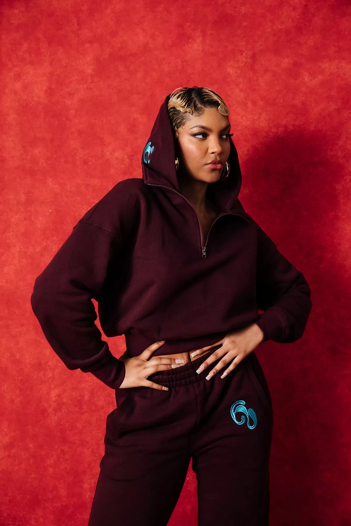 Kaia Logo Embroidered Cotton Half Zip Sweatshirt Hoodie - Burgundy