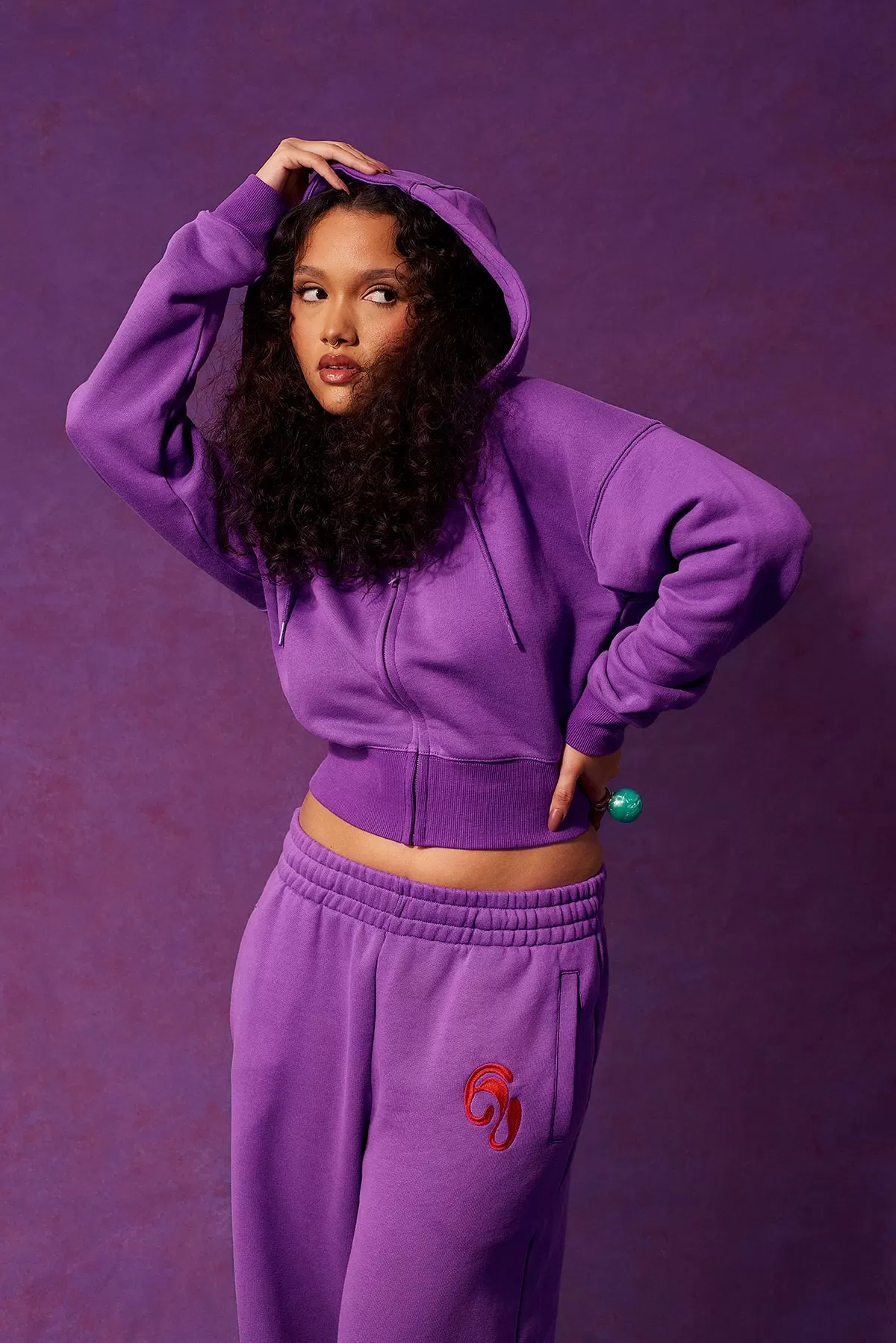 Kaia Logo Embroidered Cotton Zip Up Sweatshirt Hoodie - Grape