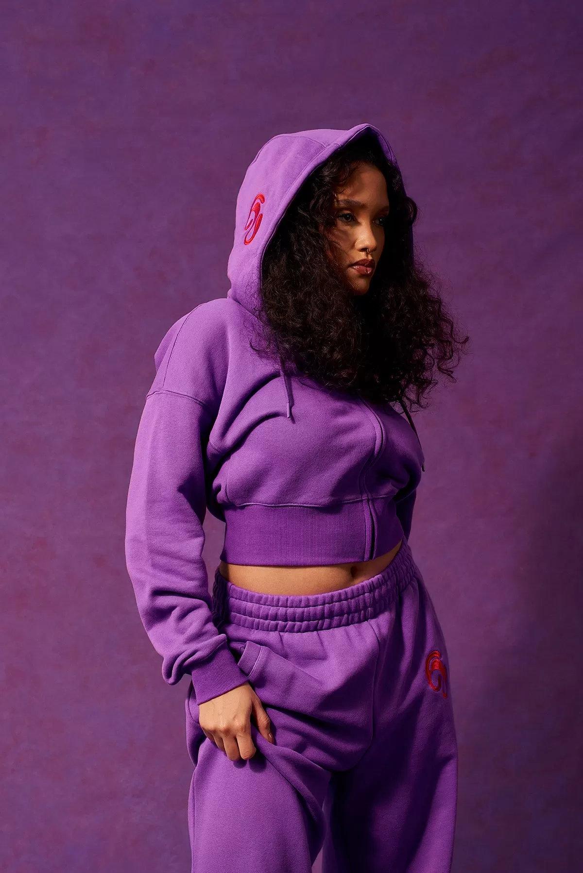 Kaia Logo Embroidered Cotton Zip Up Sweatshirt Hoodie - Grape