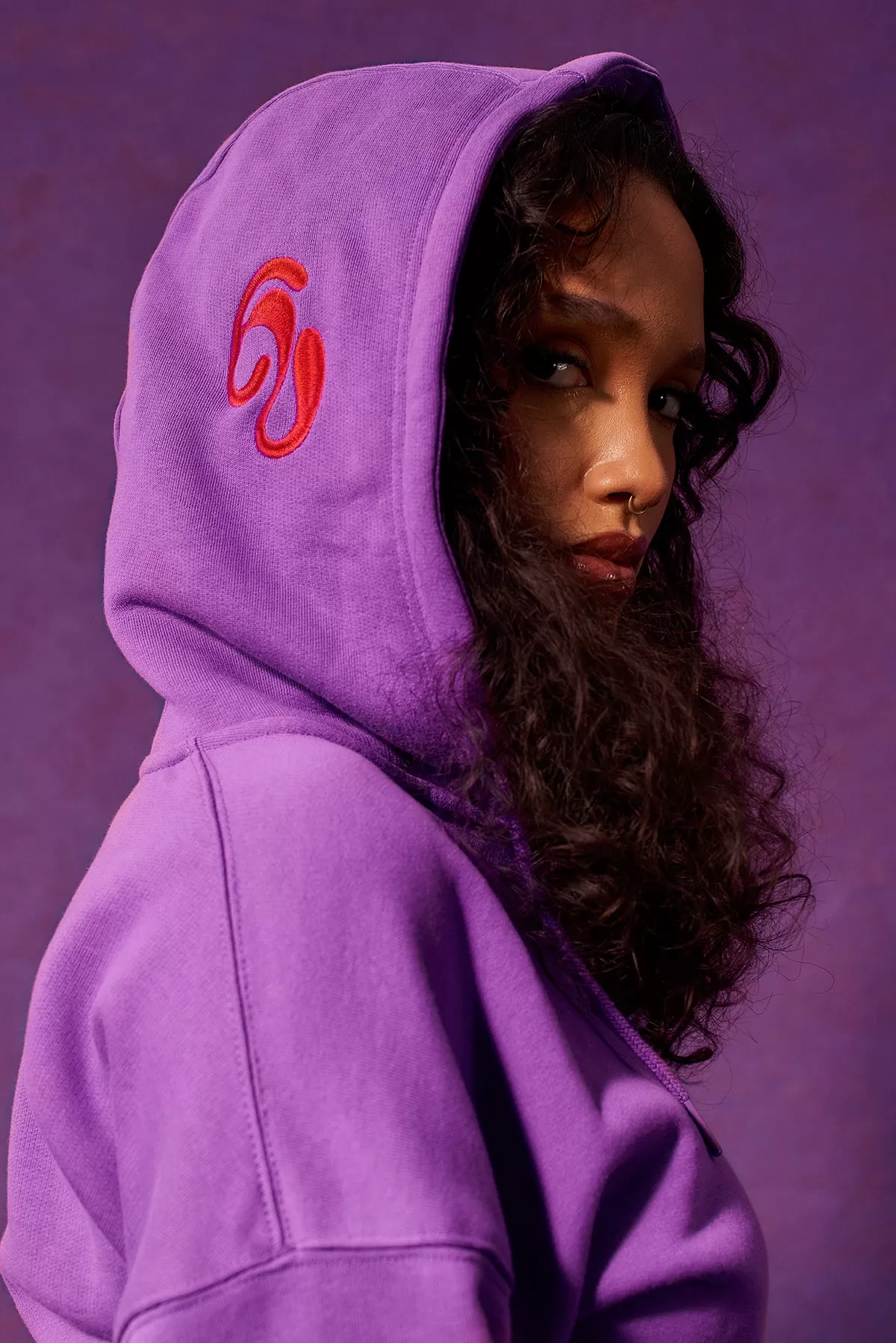 Kaia Logo Embroidered Cotton Zip Up Sweatshirt Hoodie - Grape