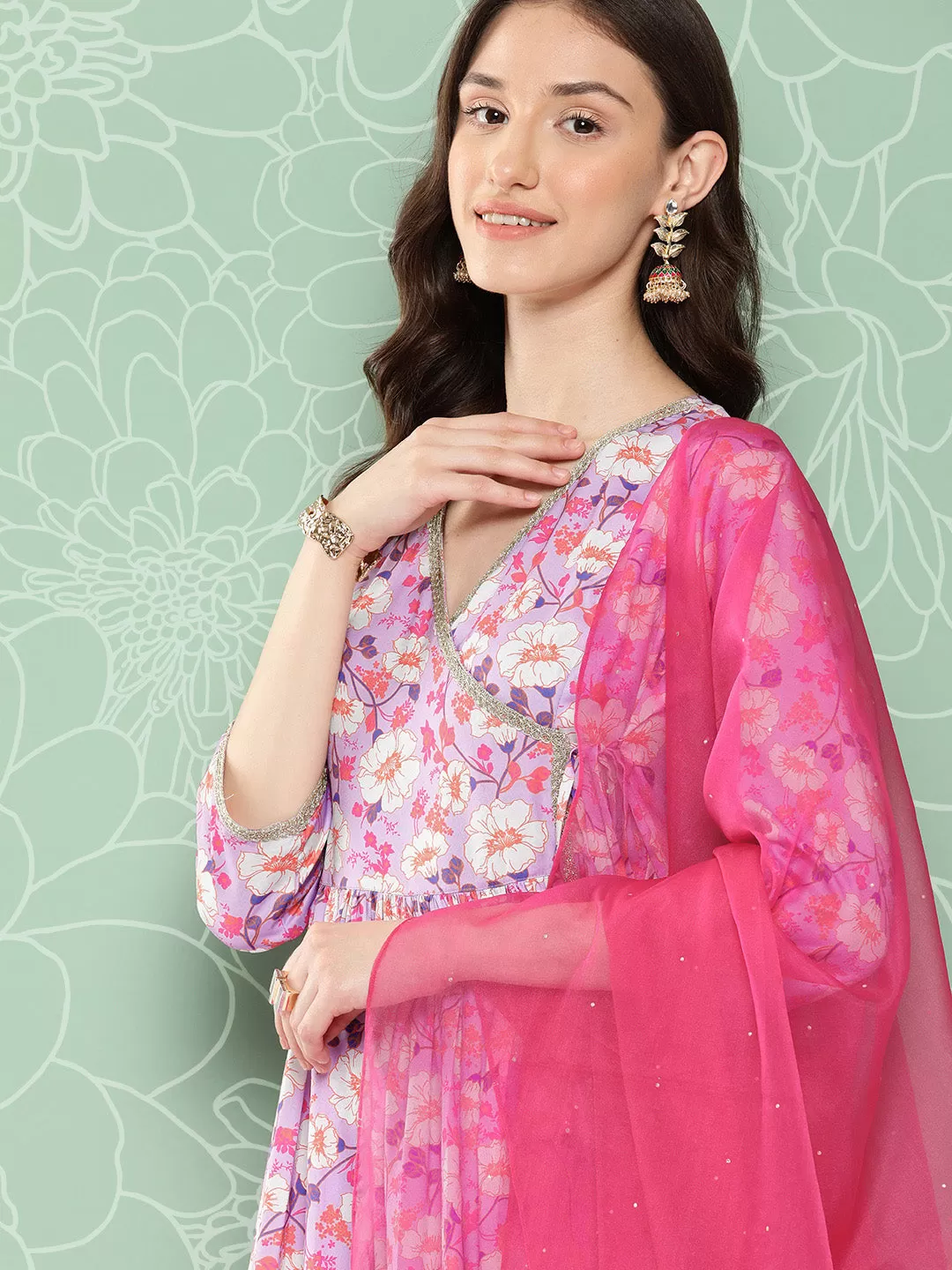 Lavender Moss Digital Floral Printed Kurta with Pant and Dupatta