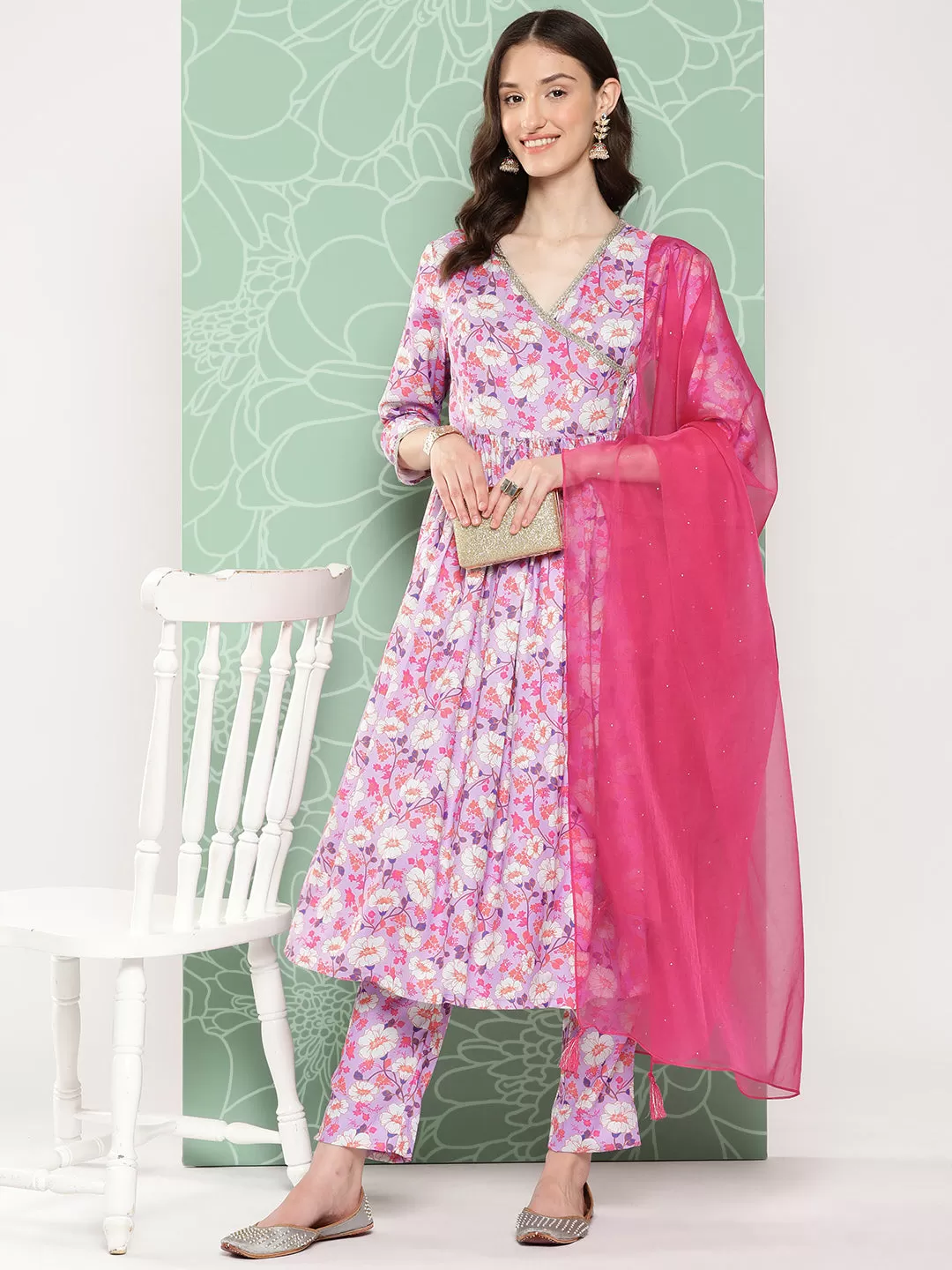 Lavender Moss Digital Floral Printed Kurta with Pant and Dupatta