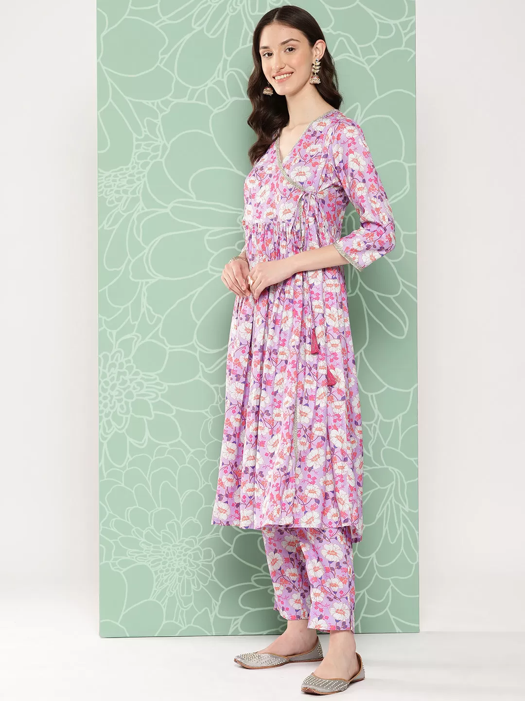 Lavender Moss Digital Floral Printed Kurta with Pant and Dupatta