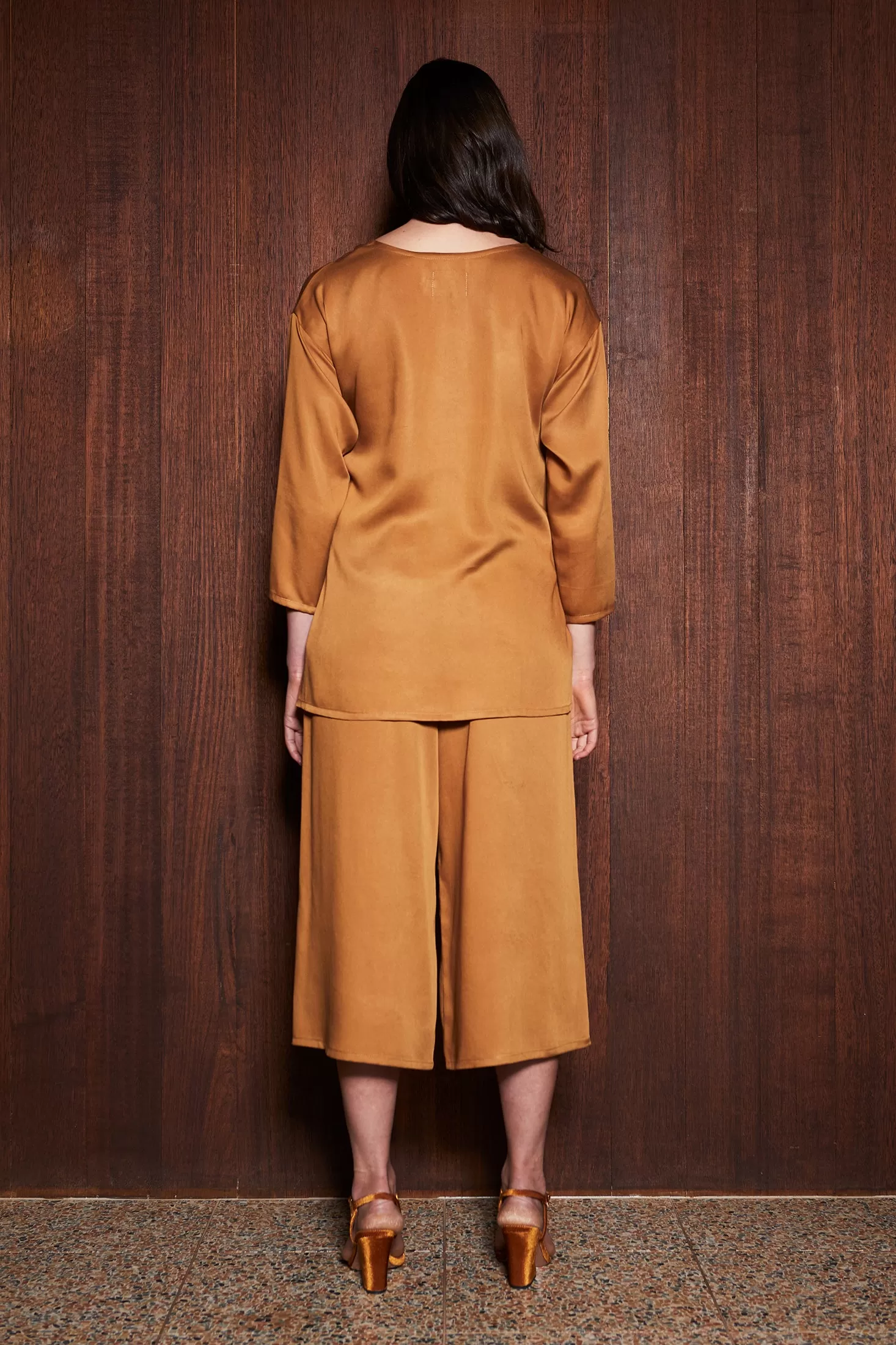 LEAF LITTER CULOTTES [ Mustard Orange Tencel Wide Leg Pants, Elastic Waist ]