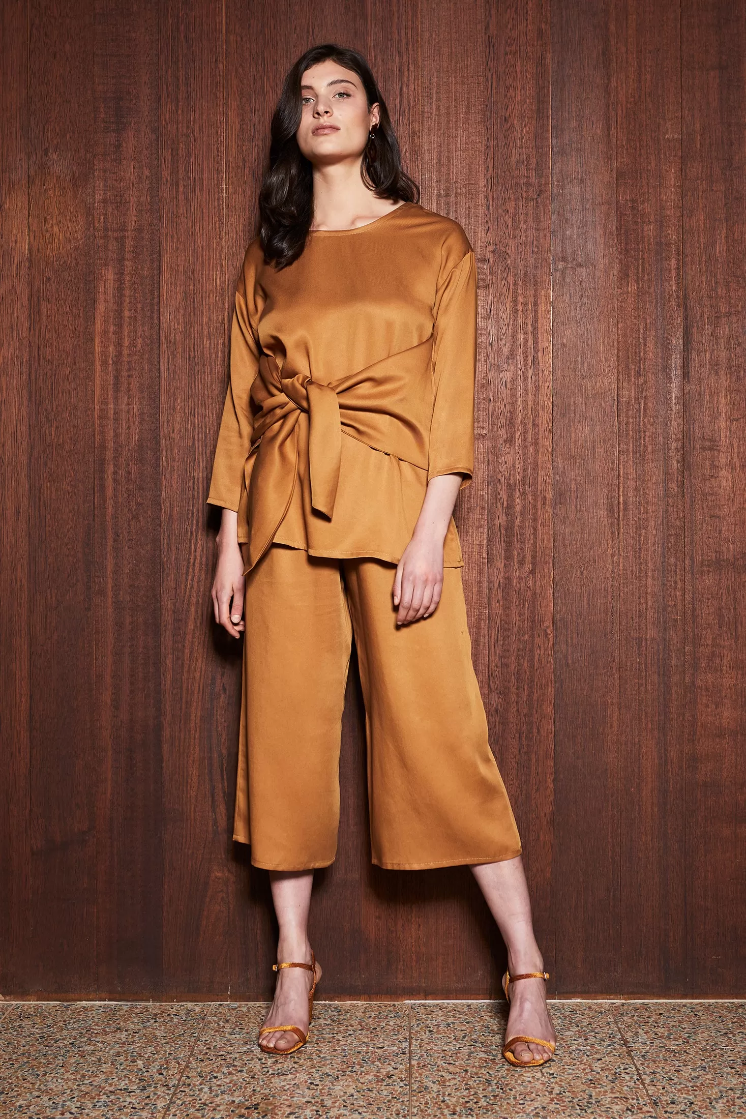 LEAF LITTER CULOTTES [ Mustard Orange Tencel Wide Leg Pants, Elastic Waist ]