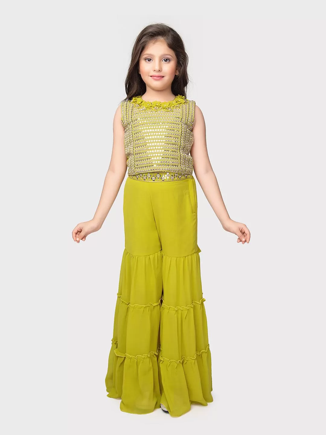 Lemon Coloured Embellished Top, Solid Sharara, Stylish Shrug - Crafted from Georgette Fabric. Perfect for Ethnic Occasions For Girls