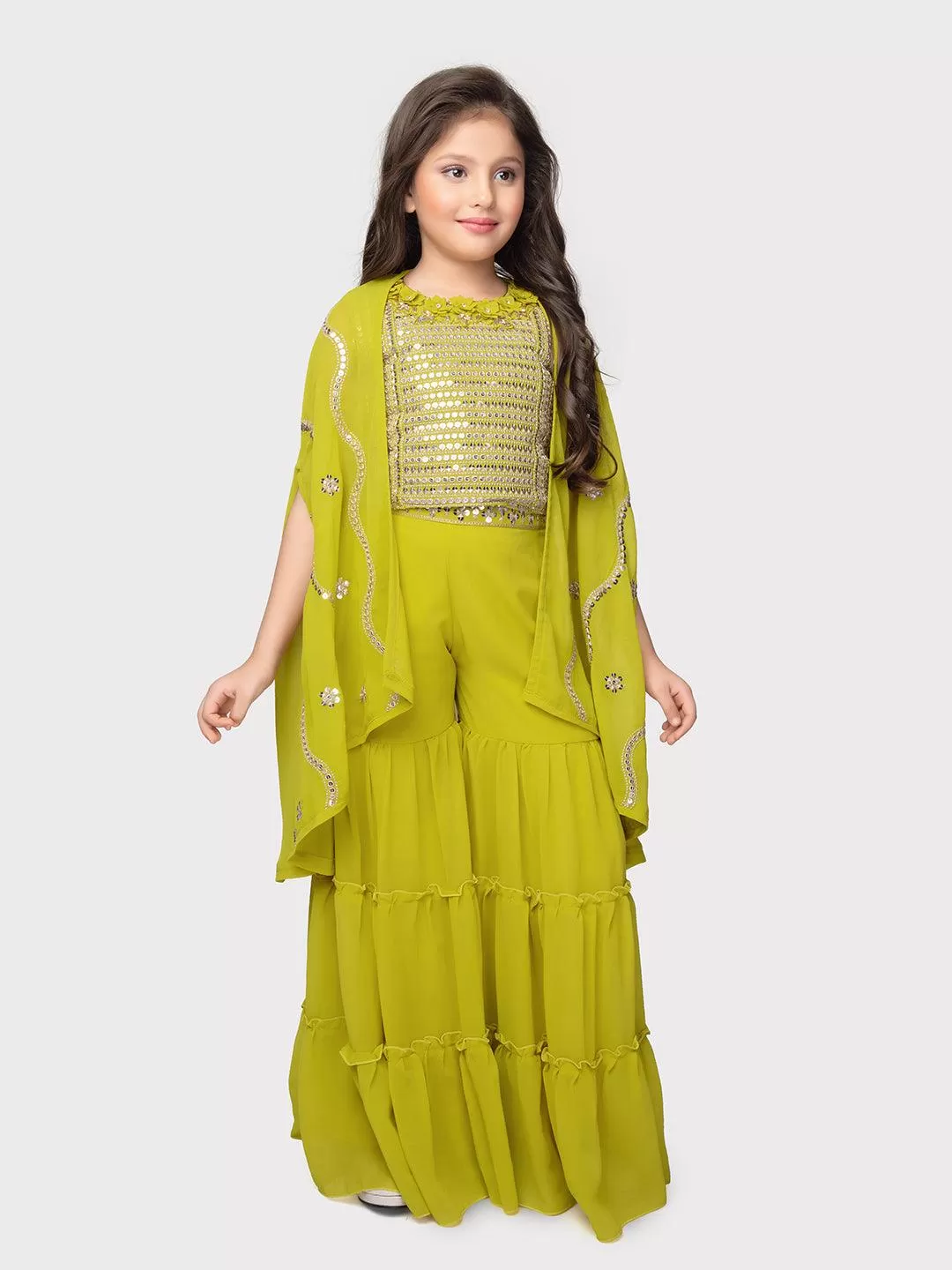 Lemon Coloured Embellished Top, Solid Sharara, Stylish Shrug - Crafted from Georgette Fabric. Perfect for Ethnic Occasions For Girls