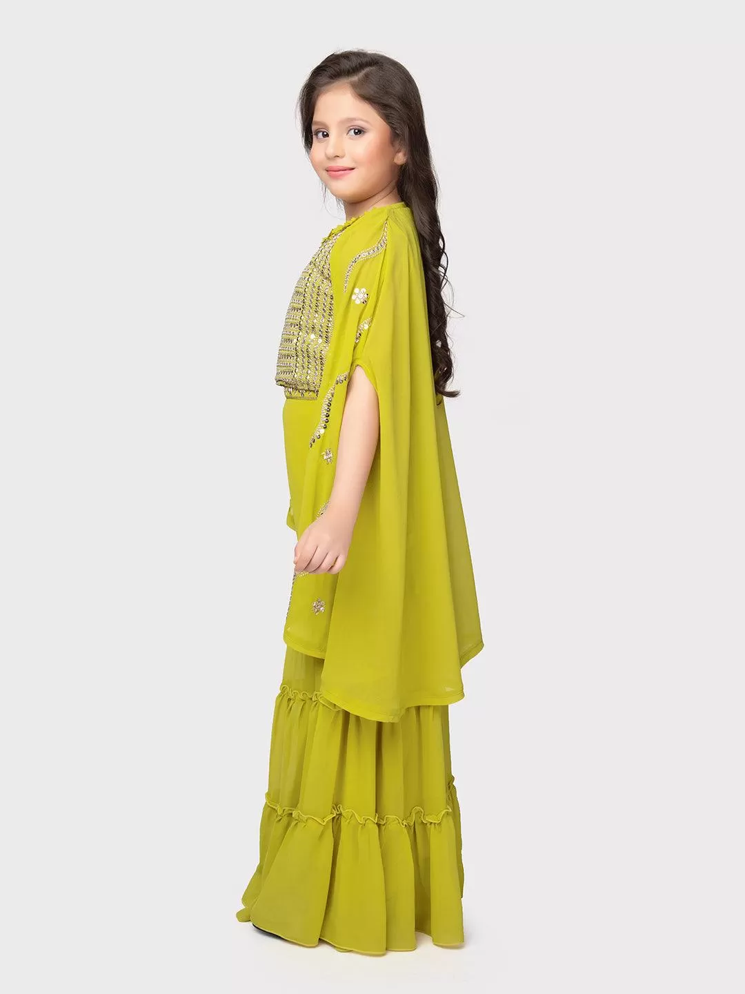 Lemon Coloured Embellished Top, Solid Sharara, Stylish Shrug - Crafted from Georgette Fabric. Perfect for Ethnic Occasions For Girls