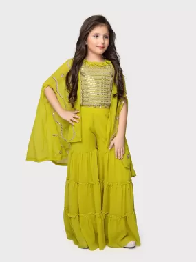 Lemon Coloured Embellished Top, Solid Sharara, Stylish Shrug - Crafted from Georgette Fabric. Perfect for Ethnic Occasions For Girls