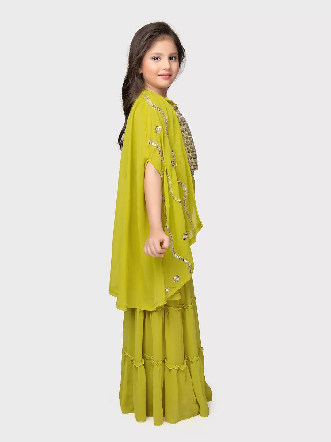 Lemon Coloured Embellished Top, Solid Sharara, Stylish Shrug - Crafted from Georgette Fabric. Perfect for Ethnic Occasions For Girls