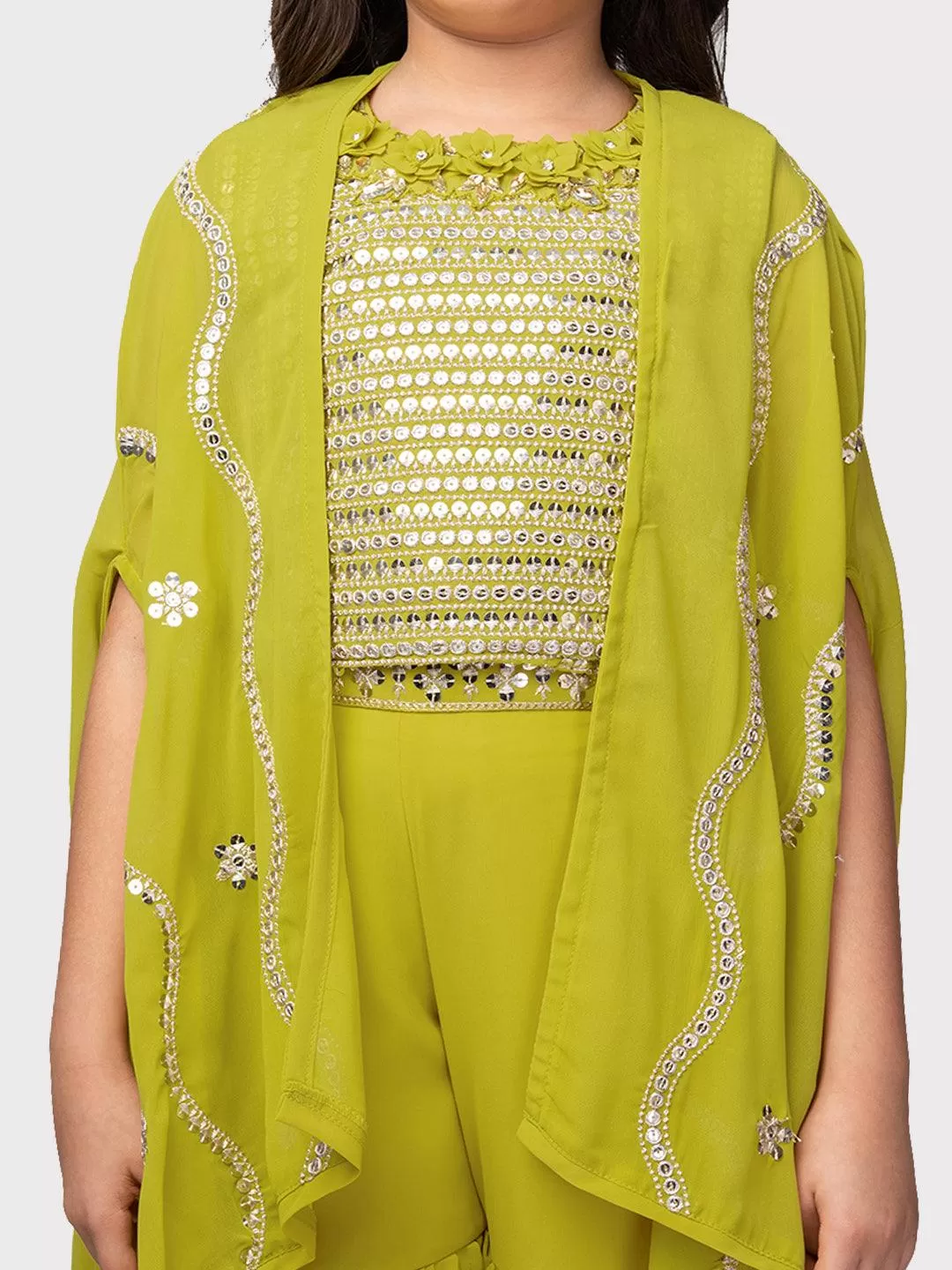 Lemon Coloured Embellished Top, Solid Sharara, Stylish Shrug - Crafted from Georgette Fabric. Perfect for Ethnic Occasions For Girls