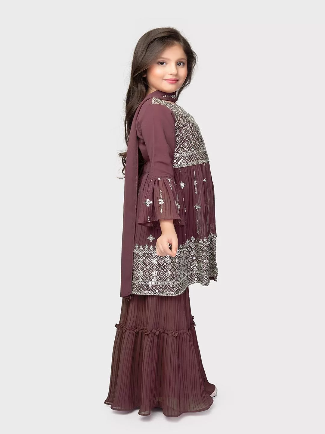 Magenta Embroidered Anarkali Kurta with Sharara and Dupatta Set \ Sharara And Gharara Set For Girls