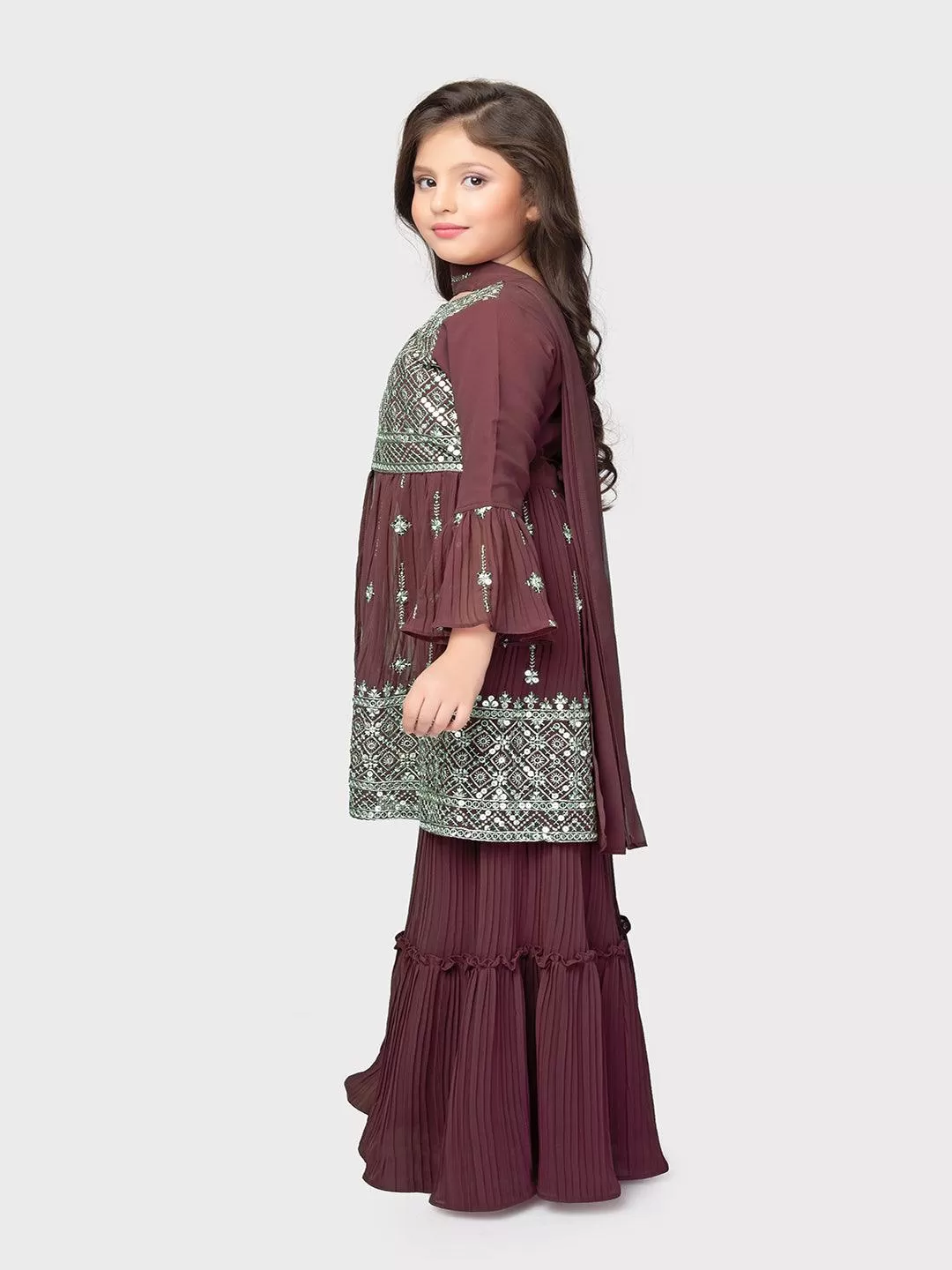 Magenta Embroidered Anarkali Kurta with Sharara and Dupatta Set \ Sharara And Gharara Set For Girls