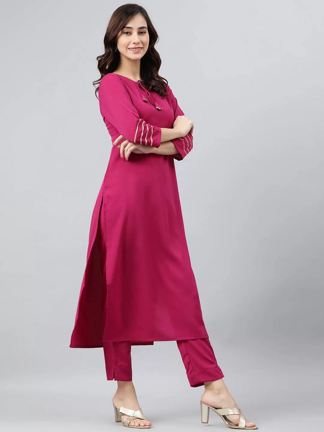 Magenta Poly Crepe Solid Kurta with Pant